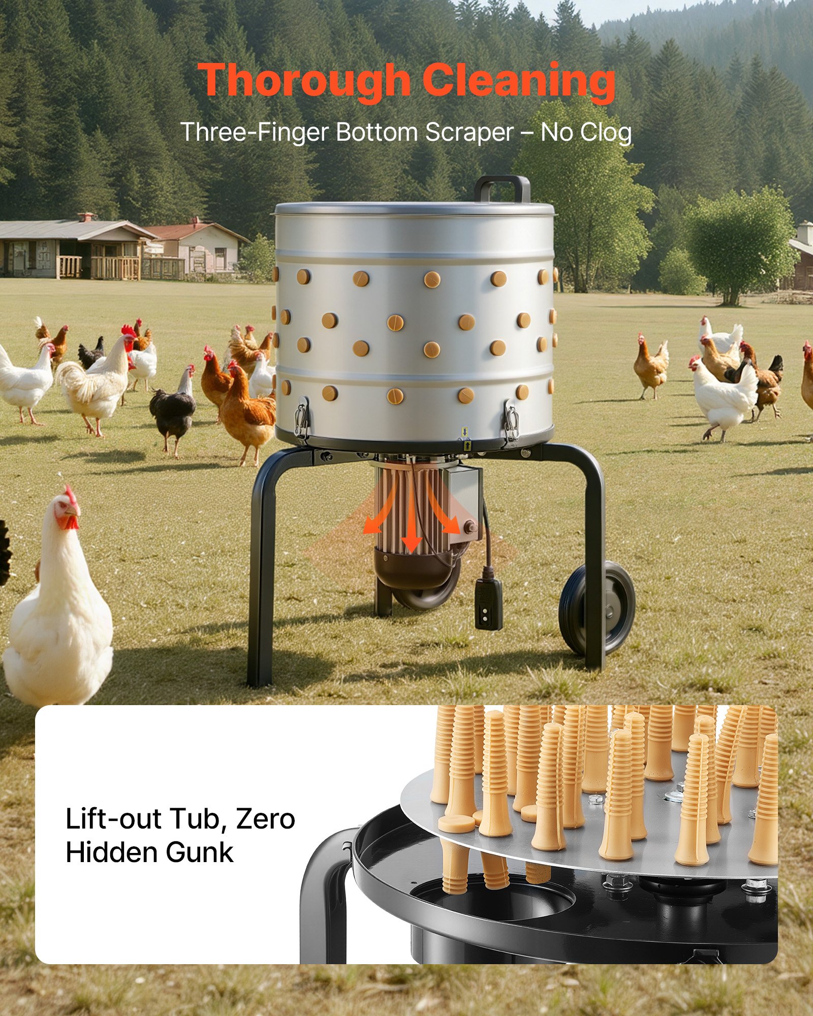 Chicken Plucker Machine, 19.7 In Drum, 750W & 275RPM Electric Chicken Plucking Machine With 98 Soft Fingers & Transport Wheels, Stainless Steel Feather Remover For Processing 2 Chicks Once
