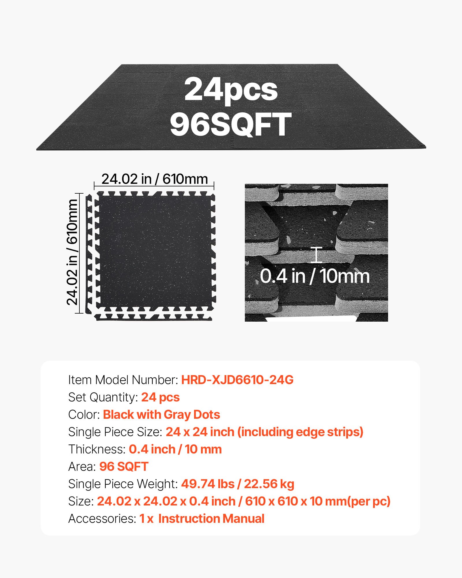 Puzzle Exercise Mat, 24 PCS Fitness Equipment Mats, 24 X 24 X 0.4 In, High-Density EVA Foam Mats Set, Interlocking Rubber Soft Tiles, Protective Floor Padding With Gray Dots For Home Gym Office