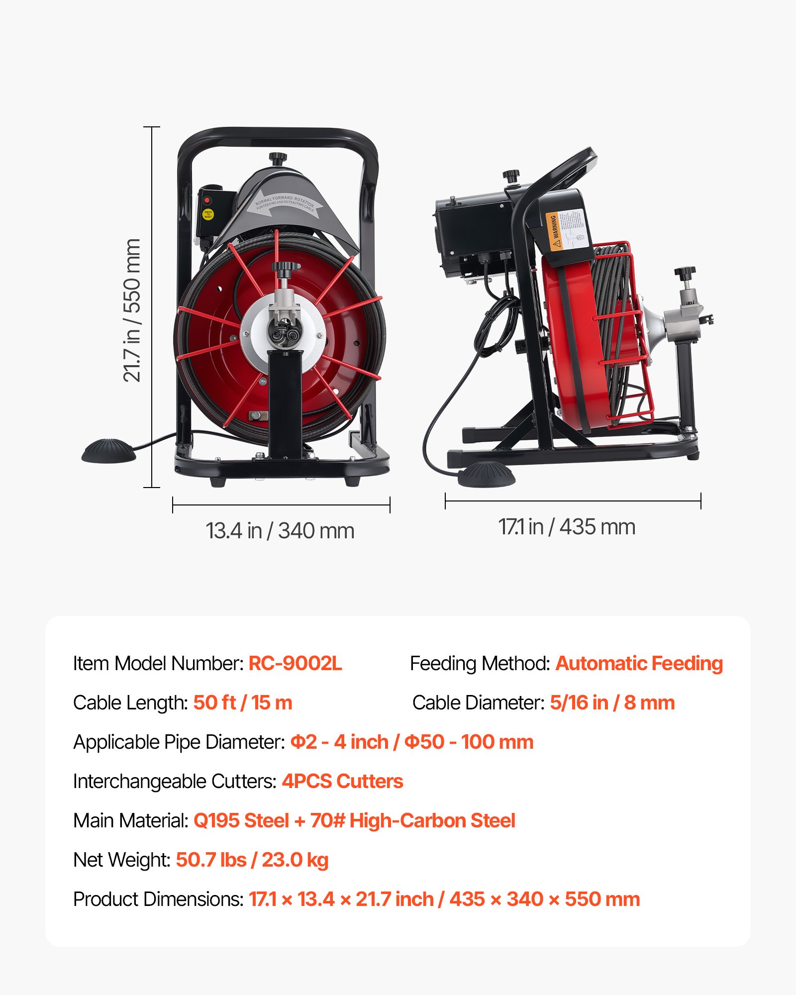 Drain Cleaner Machine 50 FT X 5/16 Inch, Auto Feed Sewer Snake Auger With 4 Cutters & Air-Activated Foot Switch For 2" To 4" Pipes