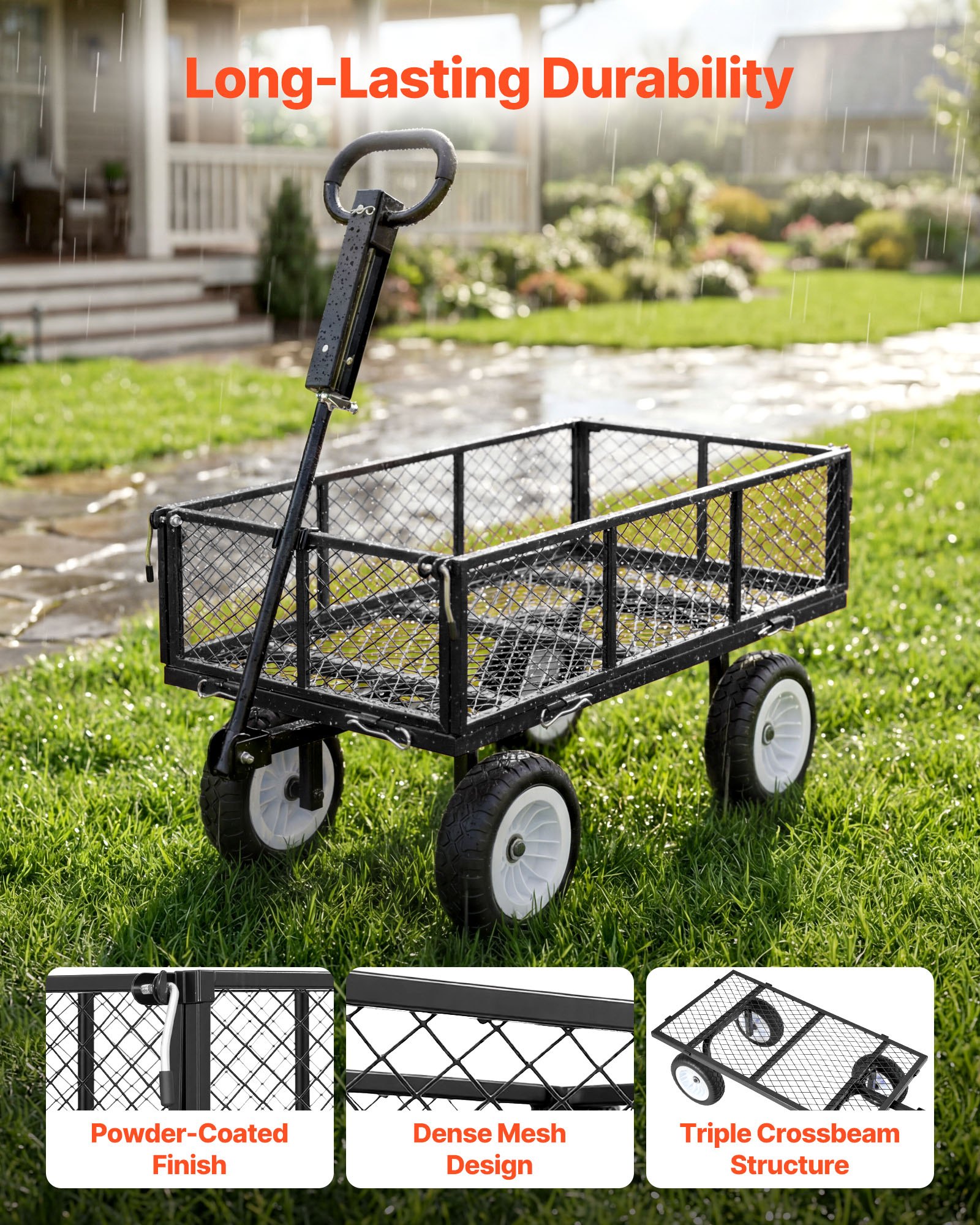 Garden Cart, 900 LBS, Heavy Duty Steel Yard And Garden Utility Wagon With 10-Inch Tires, Outdoor Gardening Stool With Adjustable Handle, Detachable Side Panels, Attach To ATV Or Tractor, Black