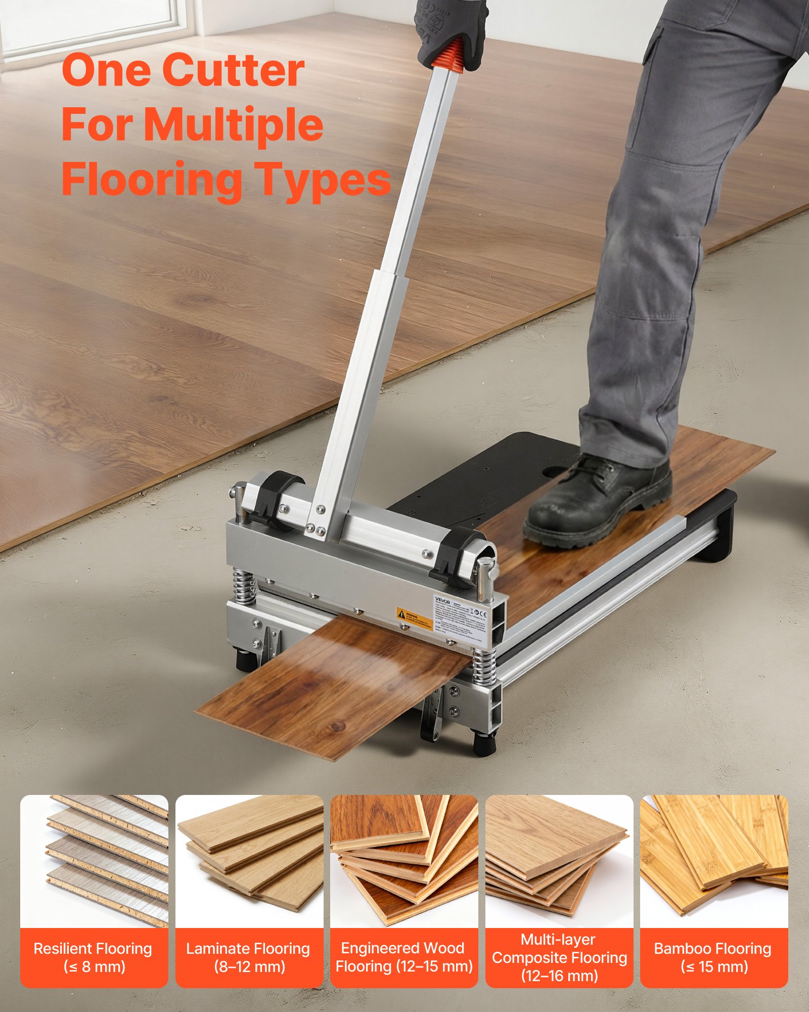 13 Inch Vinyl Floor Cutter, 16mm Thick Laminate Flooring Cutter With 15°/30°/45° Adjustable Angle Settings, Flexible Wheels, Telescoping Handle, Cuts Engineered Wood, LVT, VCT, SPC, LVP, WPC
