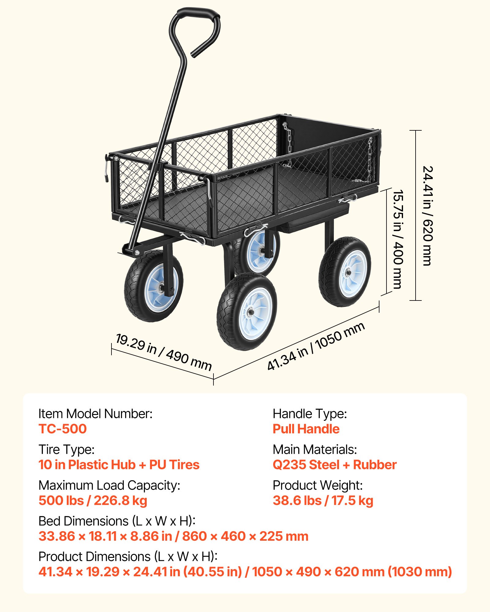 Garden Cart With Seat, 500 LBS, Rolling Steel Garden Work Seat With Wheels, Heavy Duty Gardening Stool, With Tool Tray & Adjustable Handle, Outdoor Yard Wagon, For Lawn, Patio, Backyard, Black