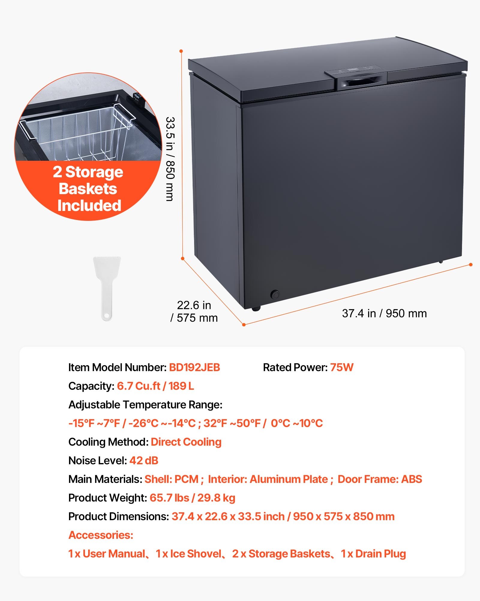 Chest Freezer, 6.7 Cu.ft Compact Deep Freezer, Free Standing Top Open Door Chest Freezers With 2 Removable Baskets & Adjustable Thermostat - Energy Saving, Low Noise & Garage Ready, Black