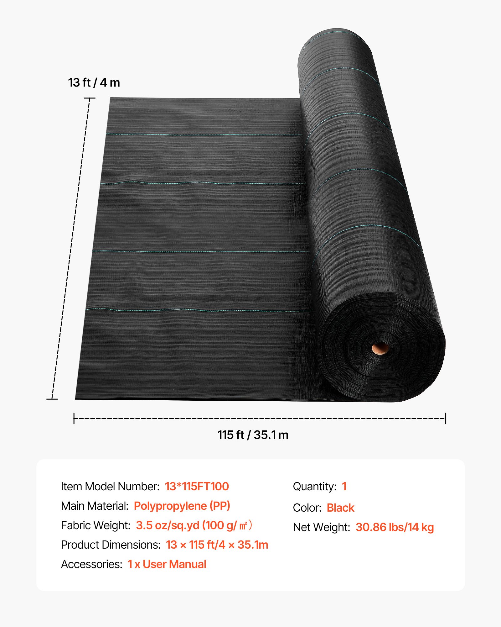 Weed Barrier Fabric Heavy Duty, 13x115FT 3.5oz Landscape Fabric, Woven Weed Blocker Fabrics, Garden Fabrics Weeds Barrier, Weeds Control Ground Cover, Geotextile Webbing, Gardening Mat, Black