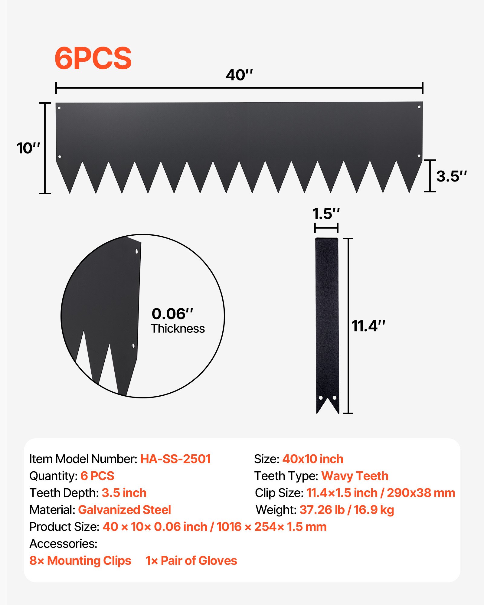 Galvanized Steel Landscape Edging, 6-Pack 40 X 10 Inch Metal Edging For Landscaping With 8 Mounting Clips, Heavy Duty Metal Garden Edge Border For Flower Bed, Yard Pathway, Black