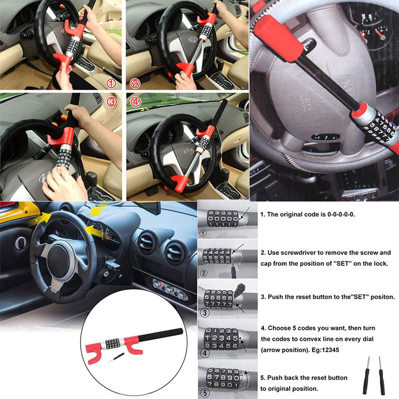 Support pan European shipping--Car U-shaped Steering Wheel Lock, Interior Anti-theft Lock 12419, Steering Wheel Combination Lock, Red