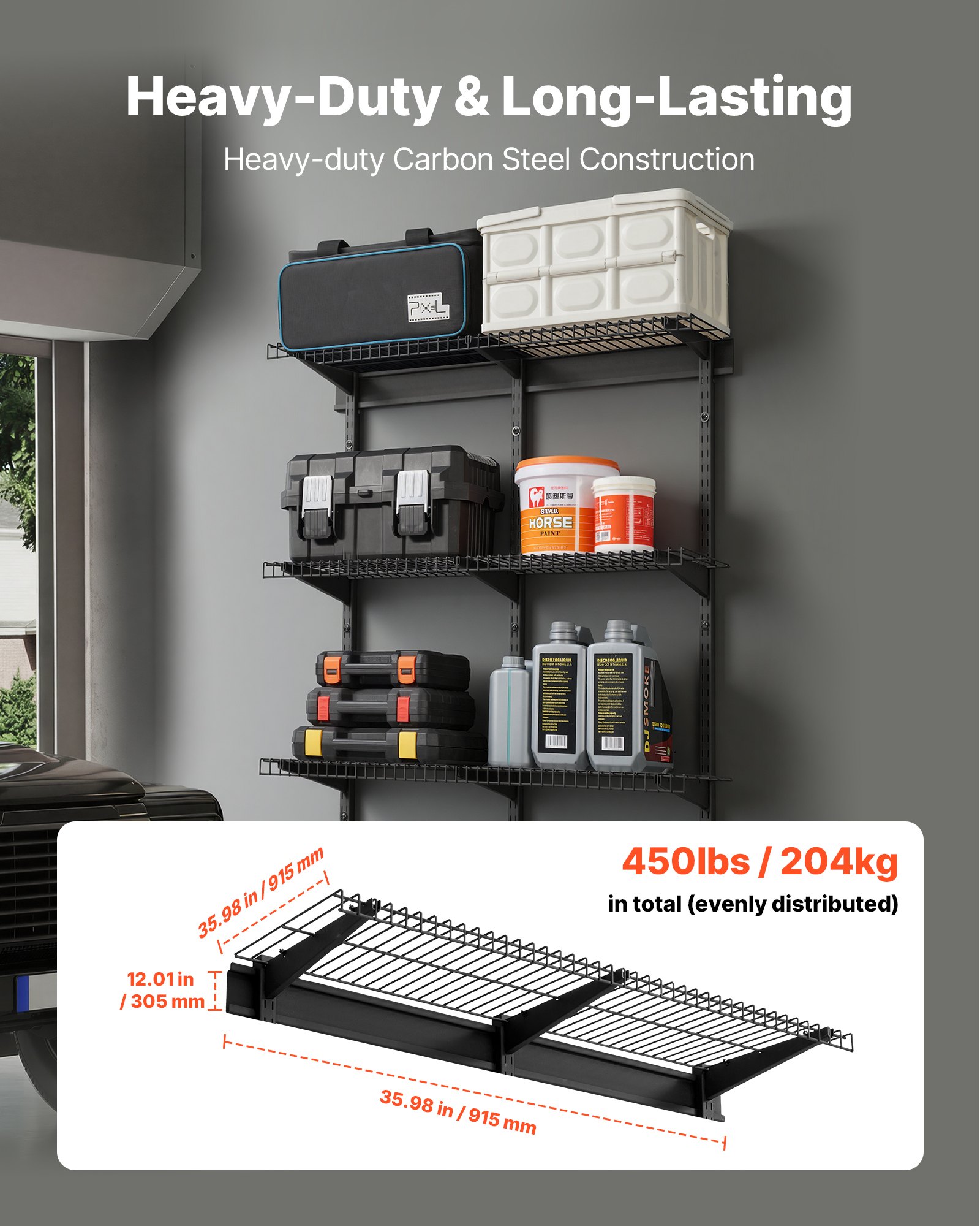 3-Tier Heavy Duty Wall Garage Shelving, 0.9 X 3 Ft Steel Wall Mounted Shelving Unit, 11 X 36 Inch Per Shelf Floating Storage Metal Rack For Garage With 450 Lbs Total Weight Capacity, Black