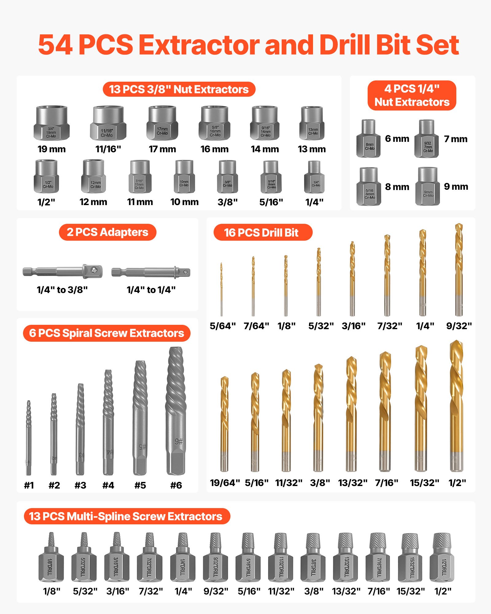 Screw Extractor Set With Drill Bits, 54 Pieces, Easy Out Nut Bolt Extractors And Drill Bits, With Adapters, Solid Storage Case, Cr-Mo Steel For Removing Rounded, Broken, Or Stripped Fasteners