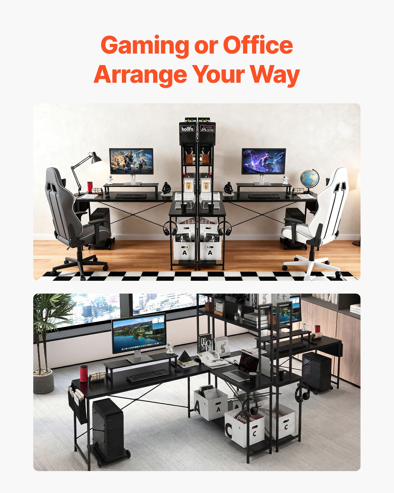 L-Shaped Computer Desk, 67-inch Reversible Corner Gaming Desk With Monitor Stand & Movable CPU Stand, Modern Stylish PC Table Sturdy Work Workstation For Home Office - Easy To Assembly