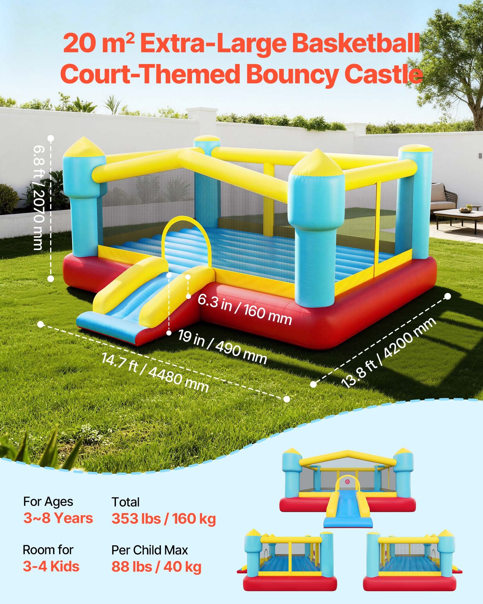 Inflatable Bounce House, 14.7 X 13.8 X 6.8 Ft Jumping Bouncy Castle, Inflatable Jumper For Kids With Slide, Basketball Hoop, Target Game & Jumping Area, Jumpings House Holds 3-4 Kids (Ages 3-8)