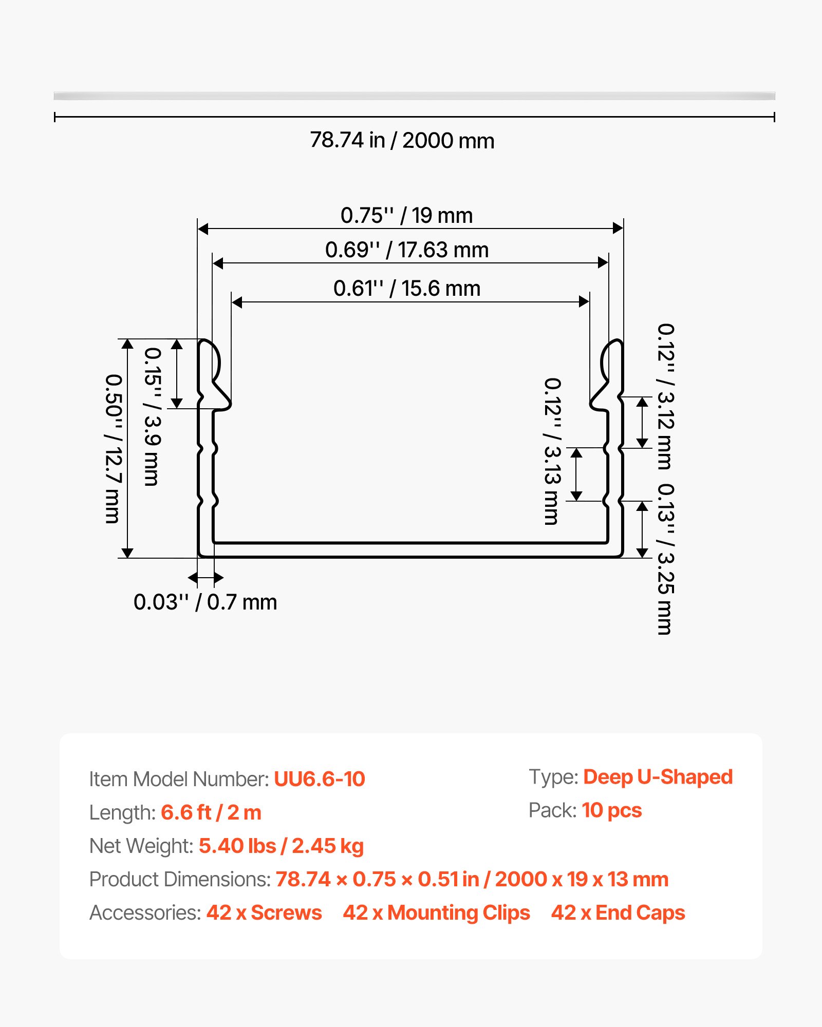 10-Pack 6.6 Ft/2M Plus-Size U Shape LED Aluminum Channel, With Milky Cover, End Caps And Mounting Clips, Aluminum Profile For LED Strip Light, Easy Installation, For Under Cabinet Ceiling Coves