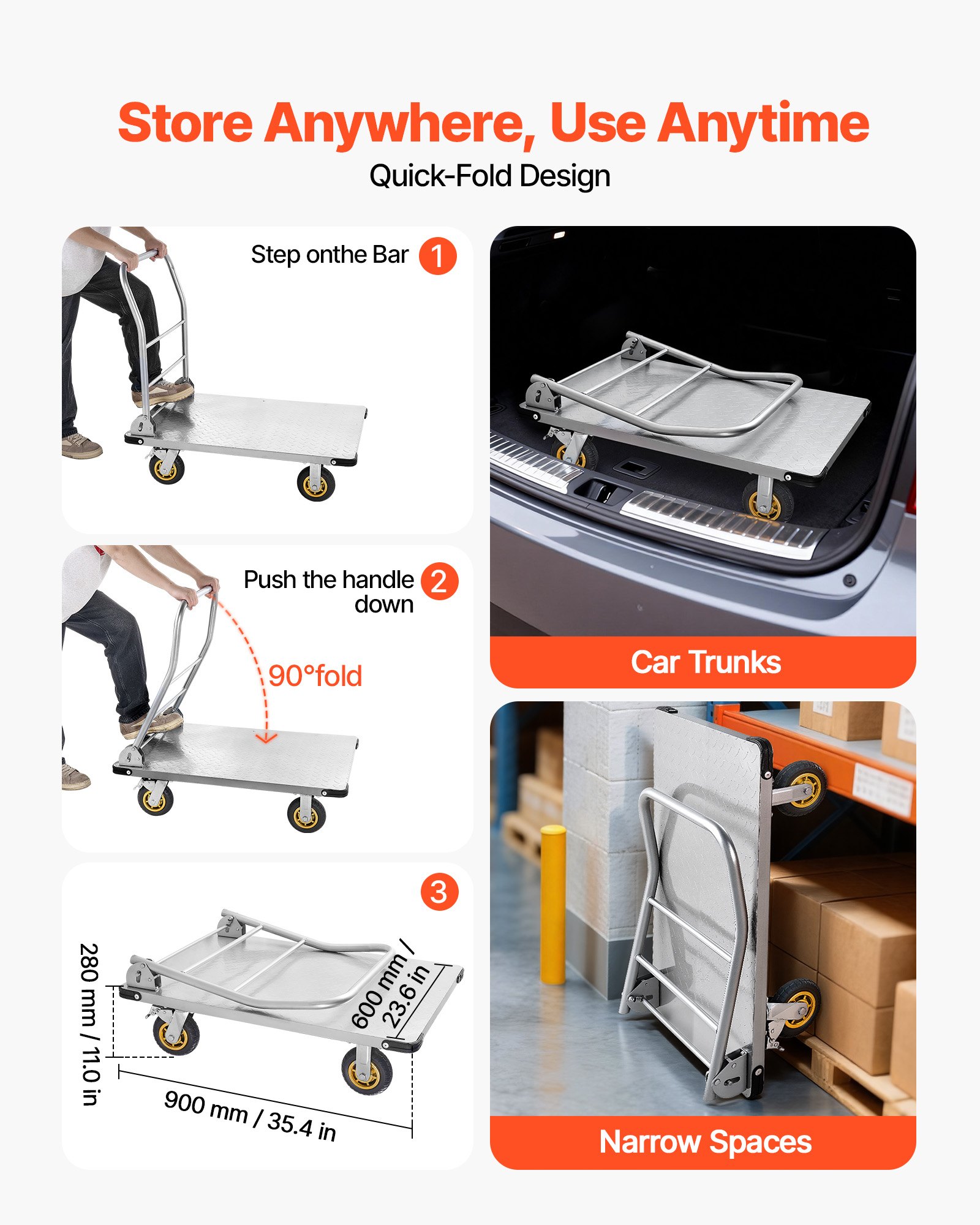 Platform Truck, 2000 Lbs Capacity, Heavy Duty Steel Flatbed Cart With Swivel Wheels And Handle, Foldable Platform Hand Push Truck Dolly, For Groceries, Garage, Warehouse, 35.4 X 23.6 X 35.4 In