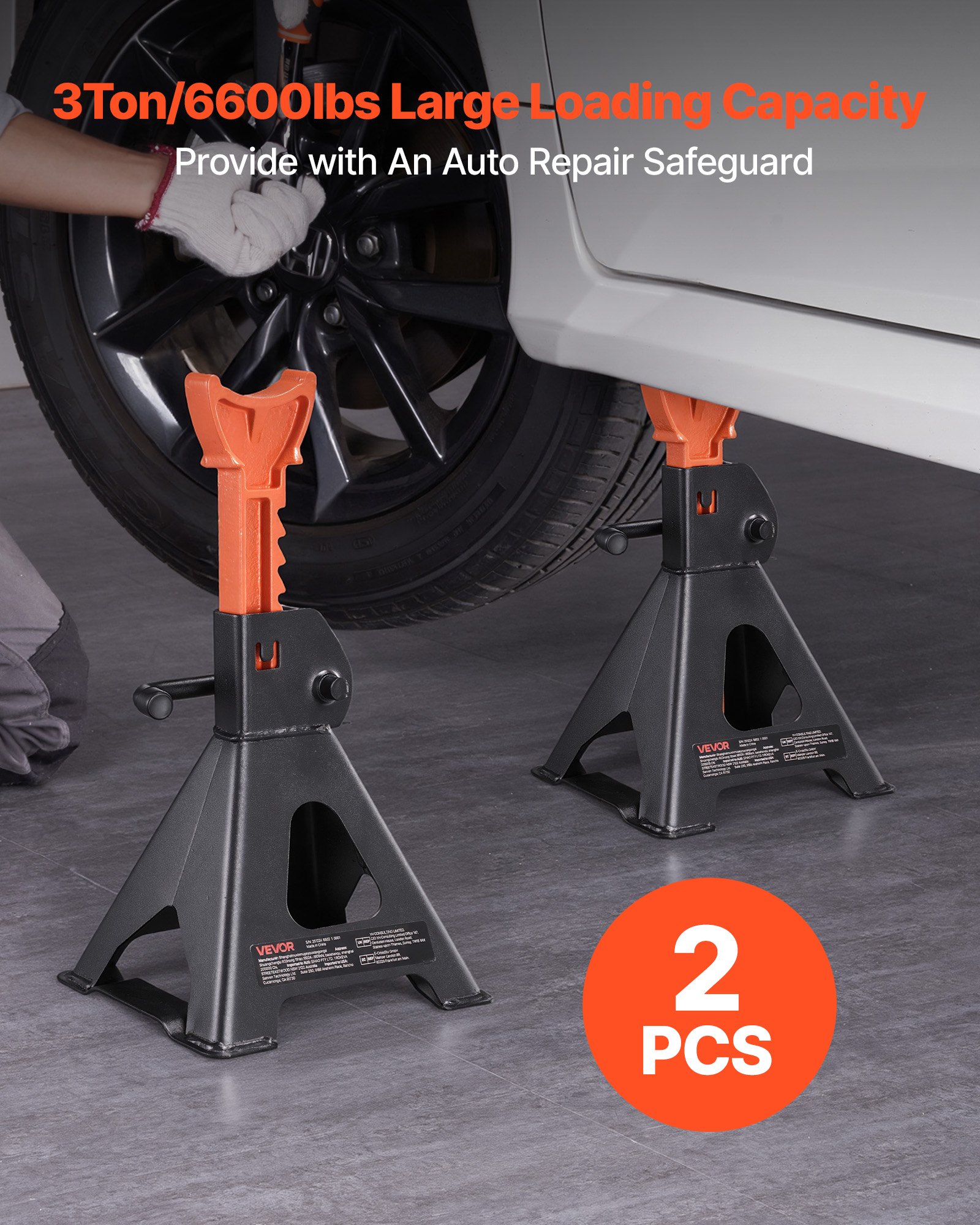 Jack Stands, 3 Ton (6,600 Lbs) Capacity, 10.8-16.3 In Adjustable Height, Heavy Duty Steel Jack Auto Stands With Locking, For Lifting SUV, Pickup, Car And UTV/ATV, 1 Pair, Black And Orange image 2