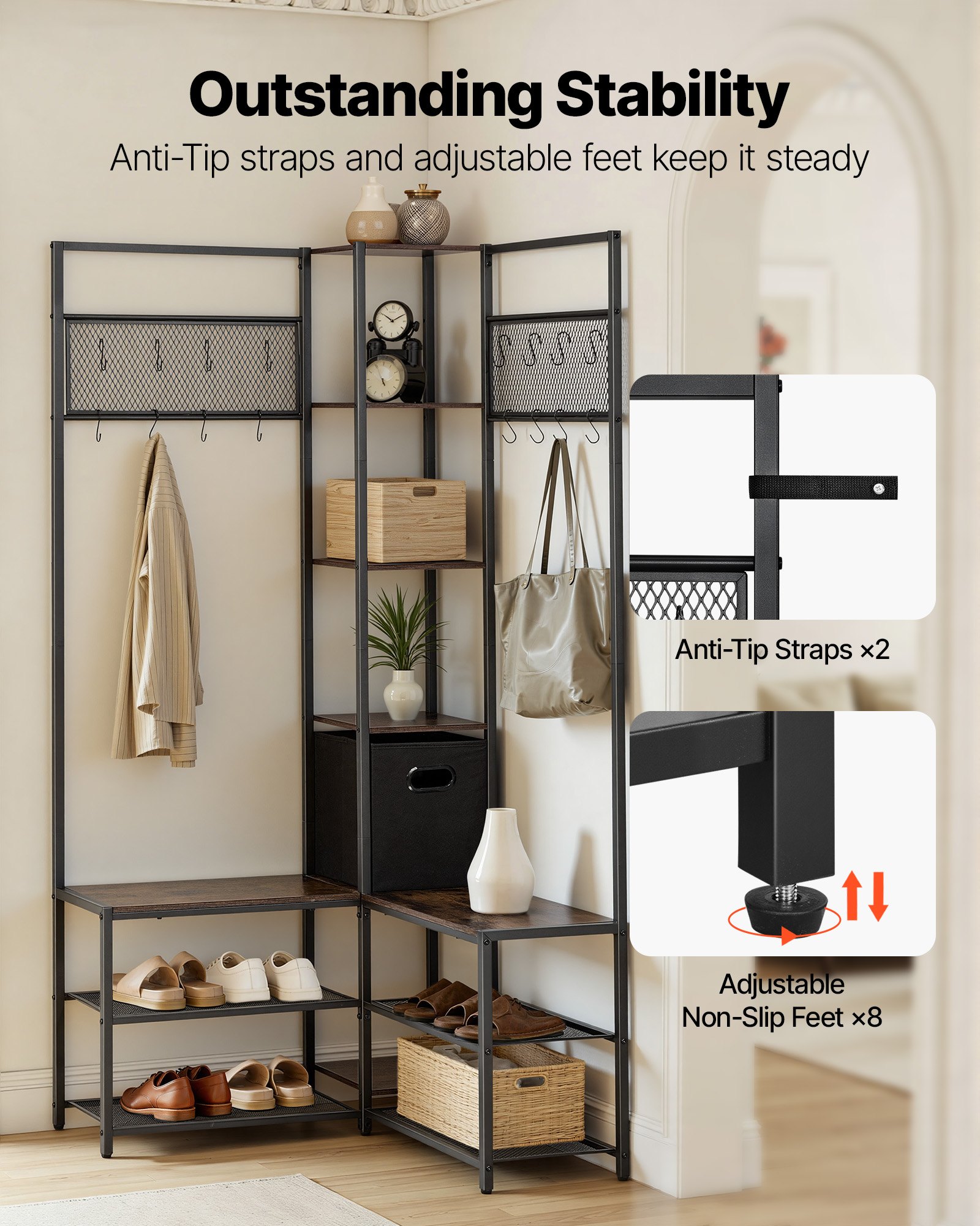 Corner Hall Tree With Shoe Bench, 70.9 In Coat Rack With Hooks And Steel Frame, Freestanding Clothes Shoes Rack Storage Organizer With Anti-Tip Set, For Entrance, Closet, Office, Rustic Brown
