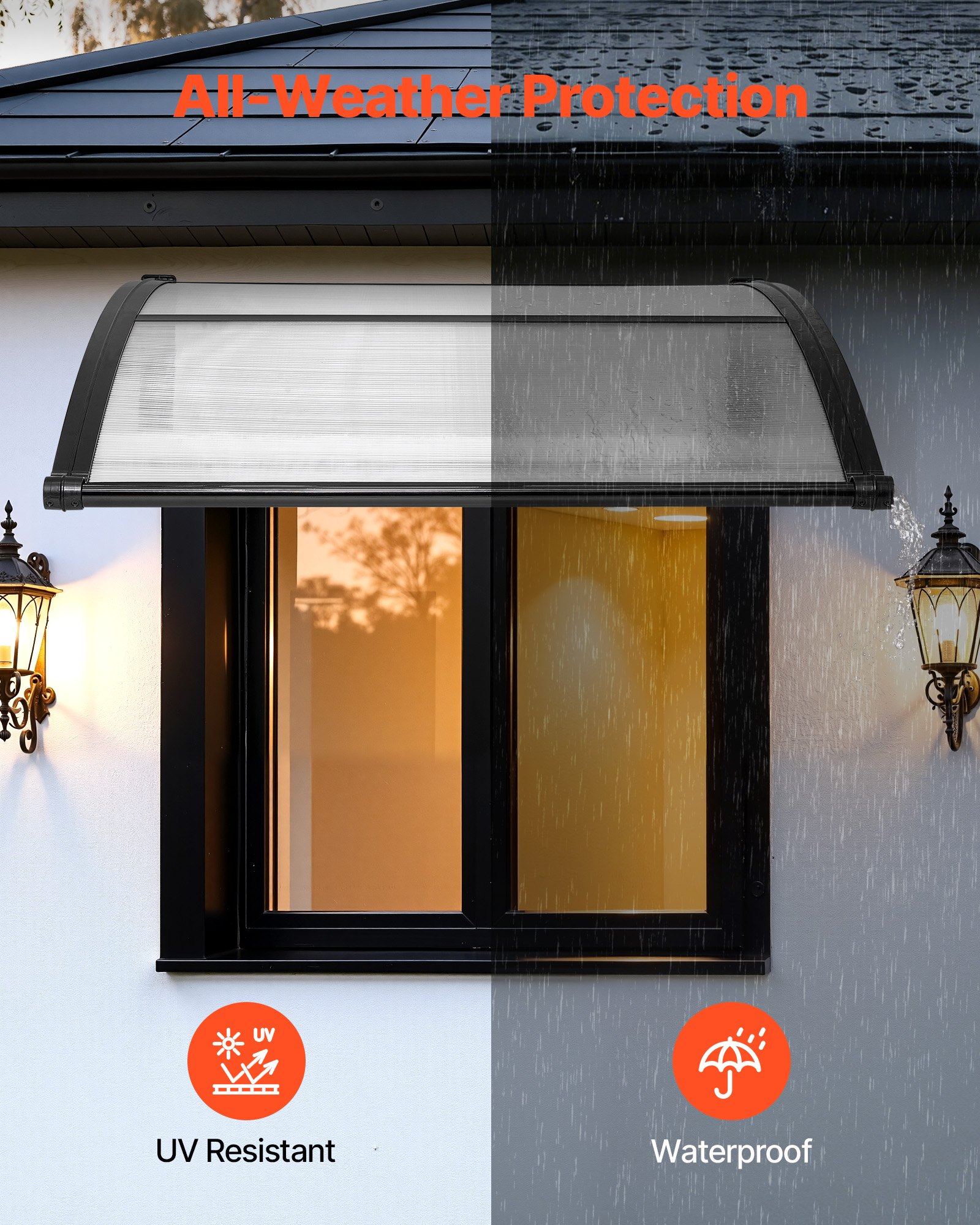 Awnings For Door Entrance, 38 X 40 In, Exterior Front Door Window Awnings With Drainage & ABS Bracket, Rain Snow Sun Protection, Overhang Polycarbonate Door Canopy For Porch Patio, Clear
