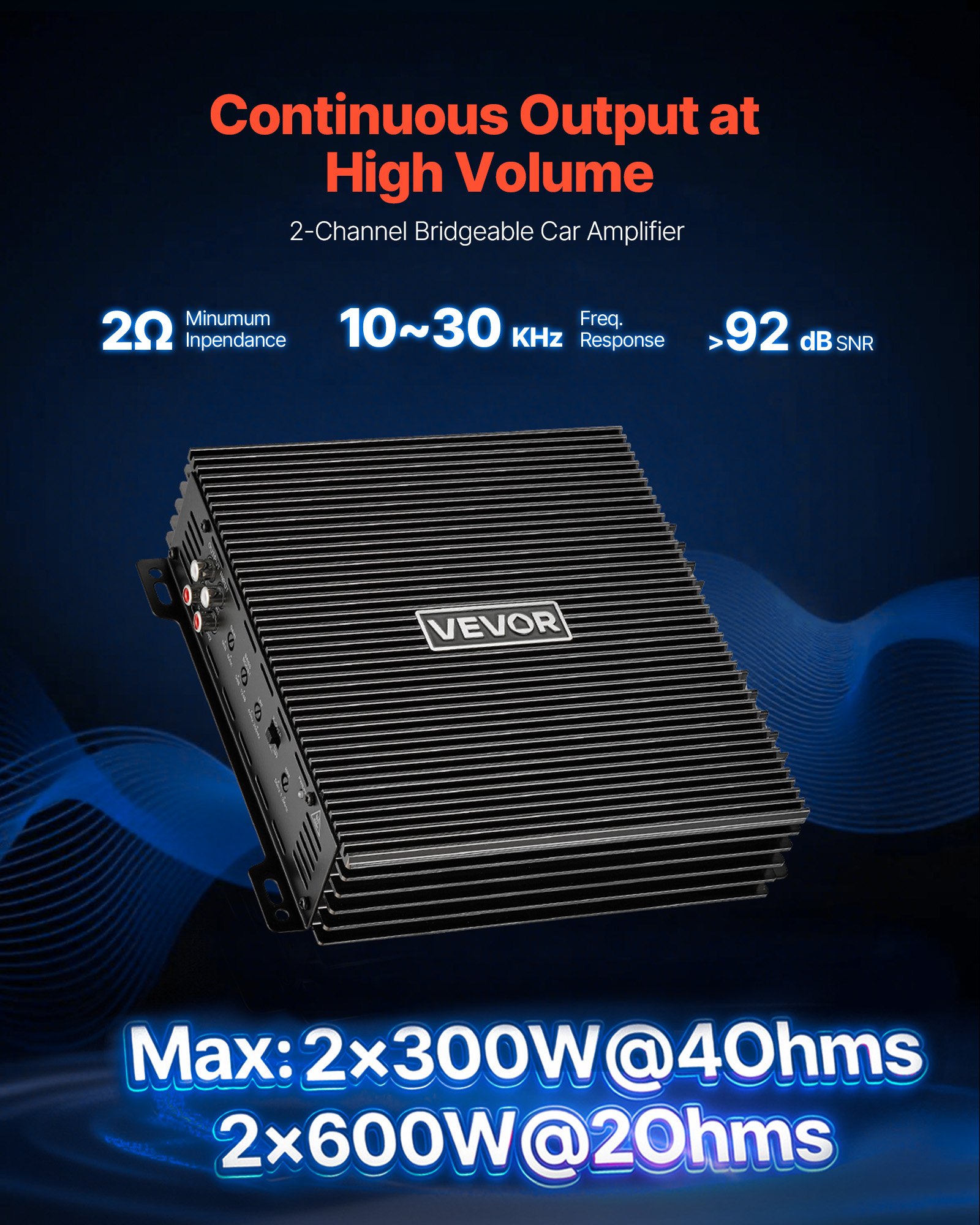 2 Channel Car Audio Amplifier 2 Ohm Stable Bridgeable Class A/B Full Range Stereo Amp Max Power 2 X 300W @ 4 Ohm / 2 X 600W @ 2 Ohm For Car SUV Truck Off-Road