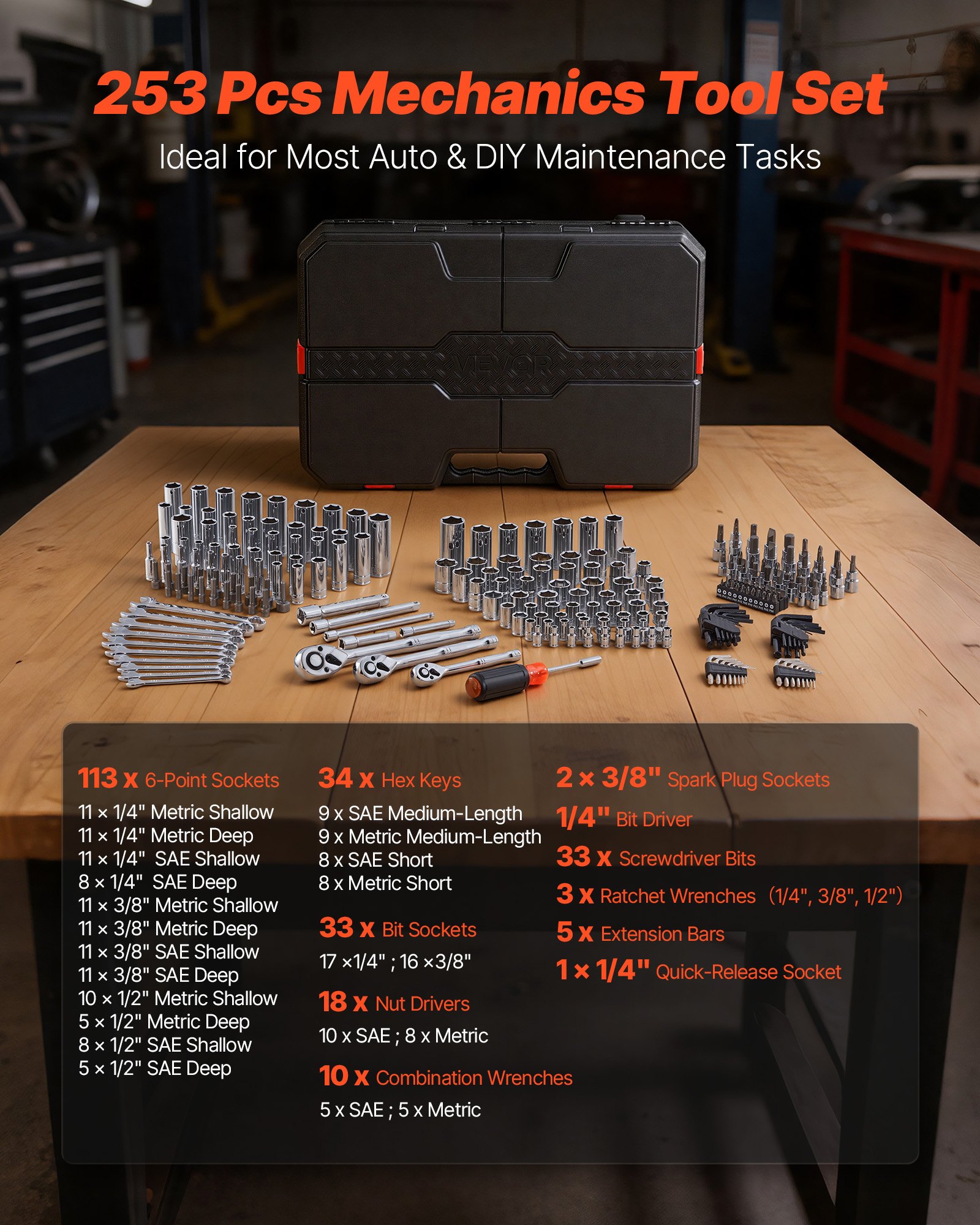 Mechanics Tool Set, 253-Piece Mechanic Tool Kit, 1/4 In, 3/8 In, And 1/2 In Drive, SAE And Metric Socket Set, Wrenches, Screwdriver Bits, Accessories, And Storage Case, For Automotive Repair