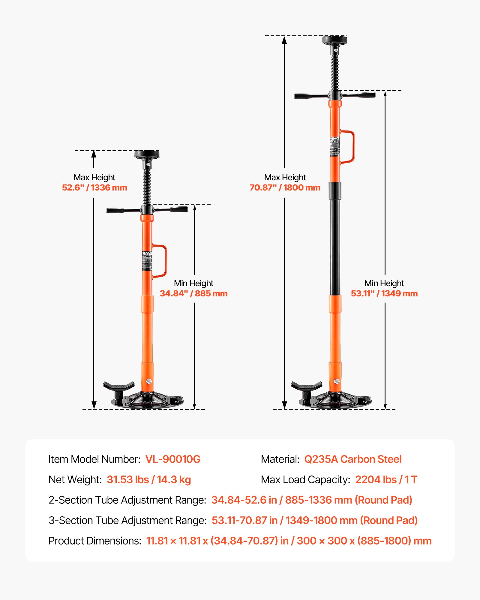 Underhoist Support Stand, 1 Ton (2204 Lbs) Capacity Under Hoist Jack Stand With Handle, Adjustable Height, Bearing Mounted Spin Handle, Self-Locking Threaded Screw, Support Vehicle Components