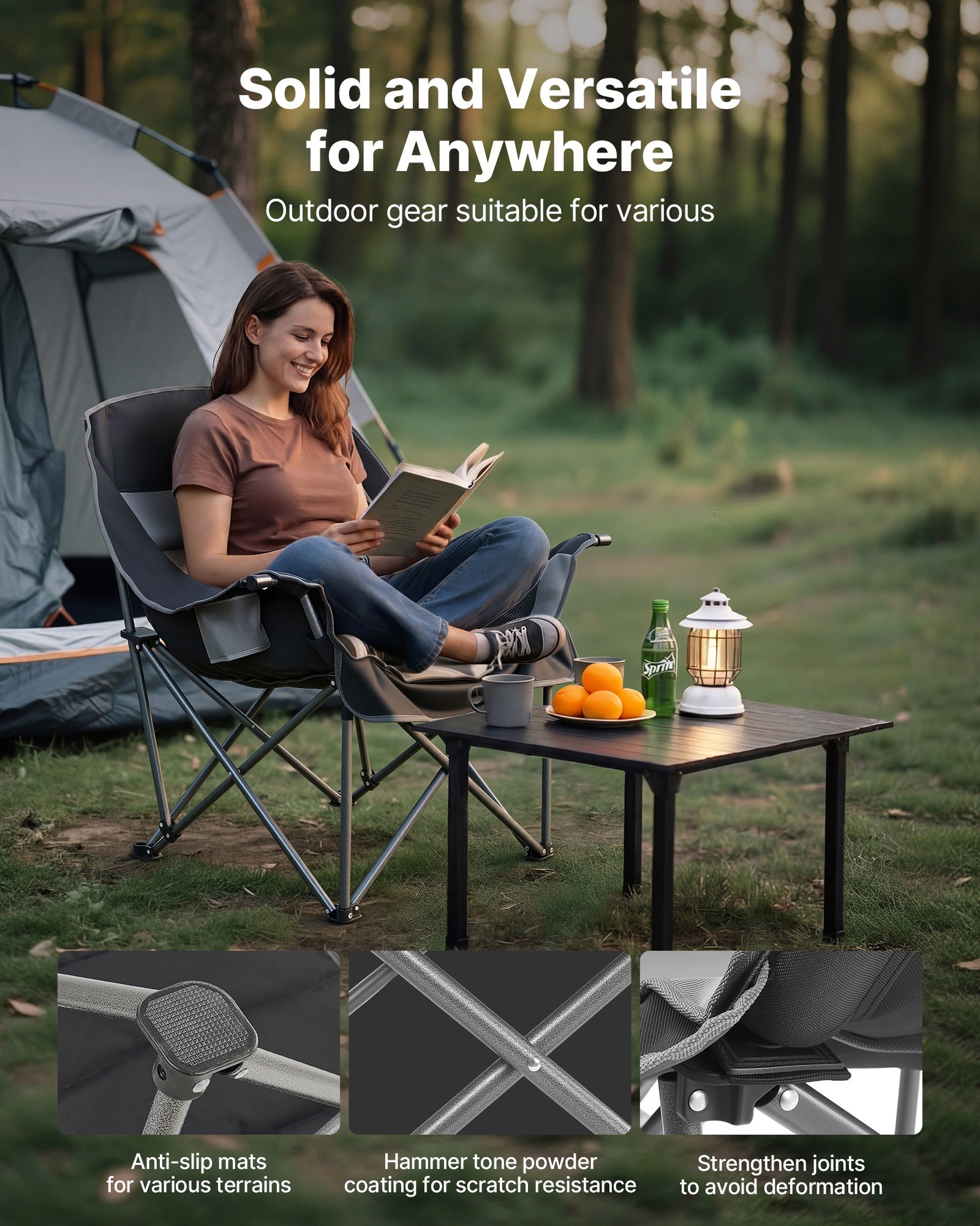 Oversized Camping Chairs, 450 Lbs Heavy Duty Support, Portable Padded Folding Camp Chairs With Dual Cup Holders & Wine Glass Holders, Carry Bag For Outdoor, Fishing, Black & Gray, 1 Pack