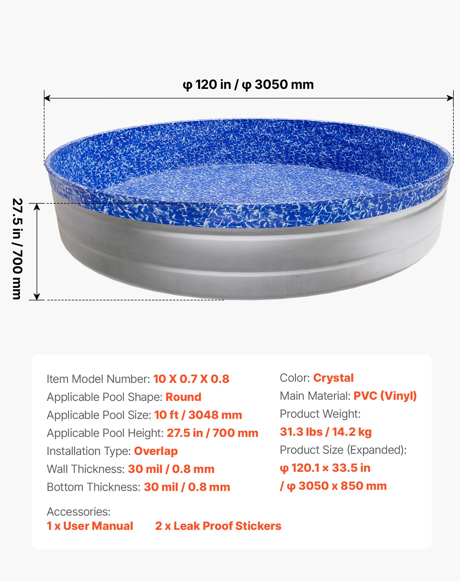 10ft Pool Liner, Round Overlap Swimming Pool Liner For 27.5 In Wall Height, Heavy Gauge Vinyl, Easy Install With Leak-Proof Patches, Designed For Steel Sided Above-Ground,Outdoor, Crystal