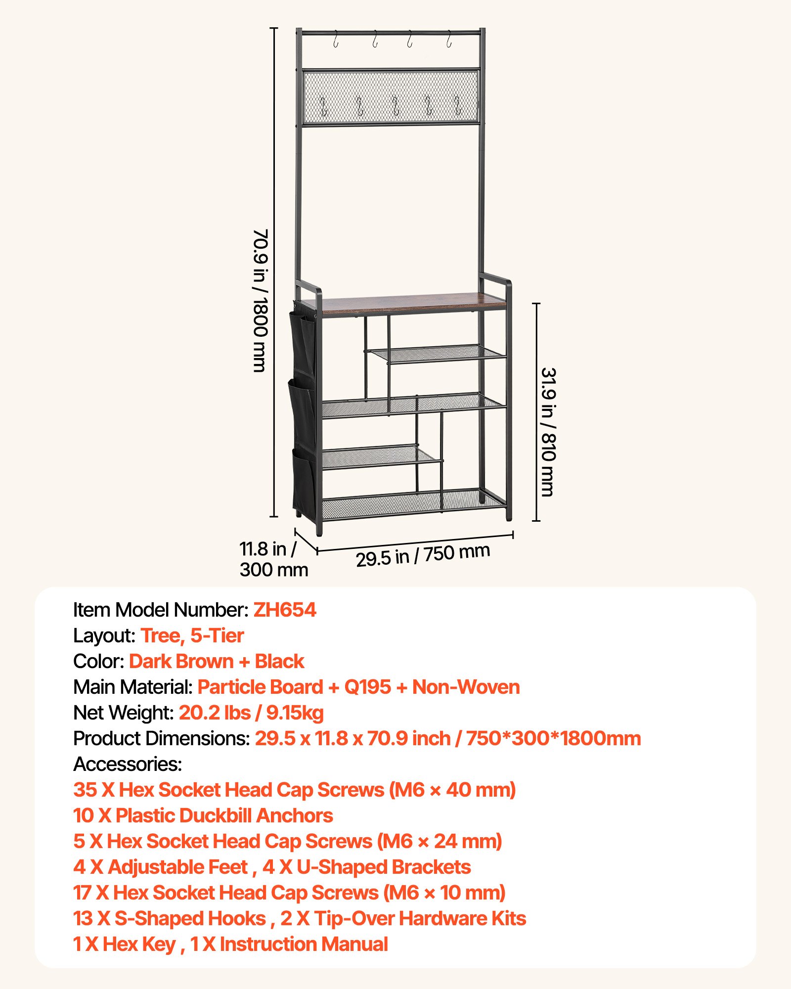 Hall Tree, 70.9 In Coat Rack With Shoe Storage, Freestanding 4-Tier Shoe Rack Organizer With Hooks, Side Pocket And Wire Shelf, Steel Frame Entrance Coat Holder For Entryway, Bedroom, Closet