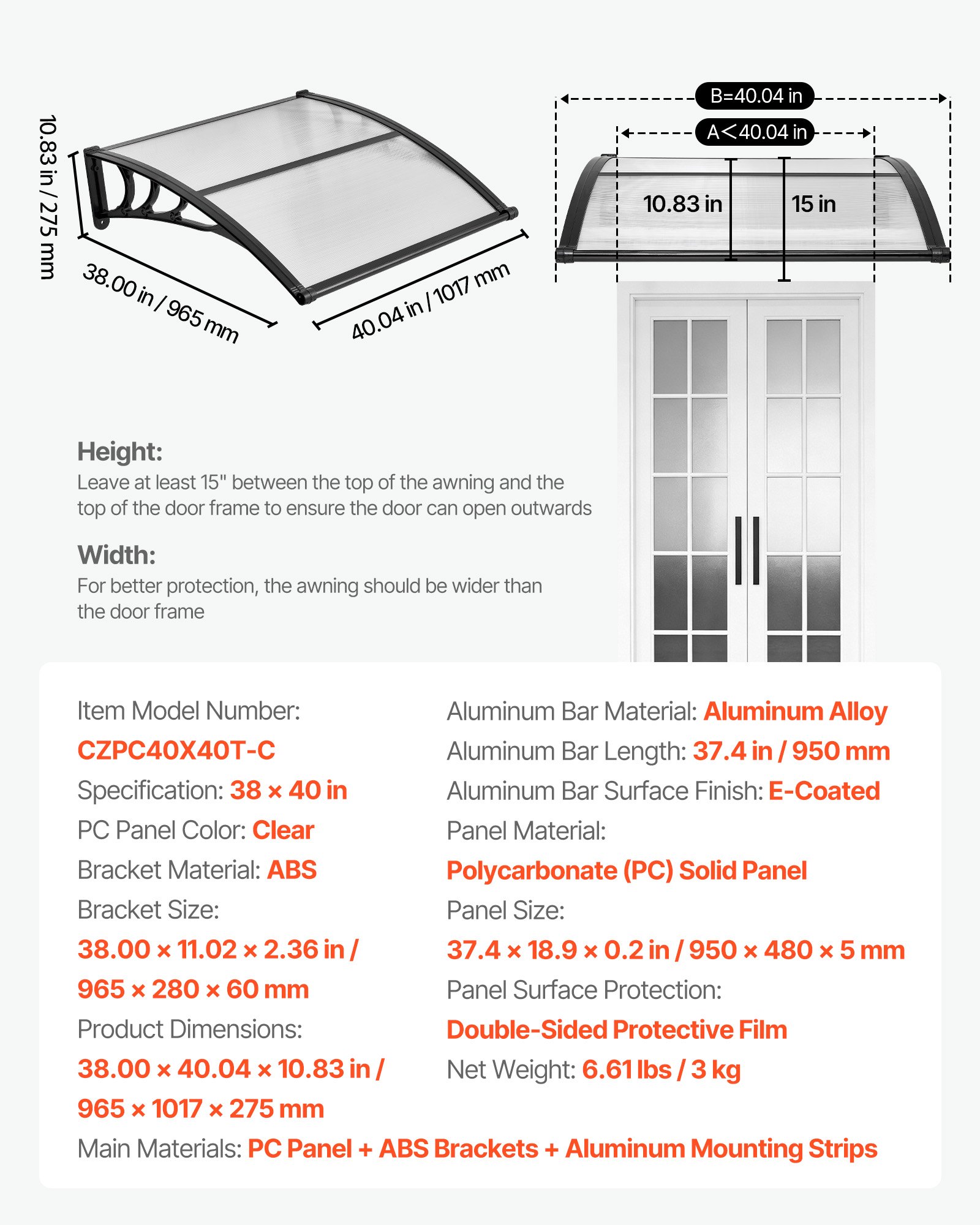 Awnings For Door Entrance, 38 X 40 In, Exterior Front Door Window Awnings With Drainage & ABS Bracket, Rain Snow Sun Protection, Overhang Polycarbonate Door Canopy For Porch Patio, Clear