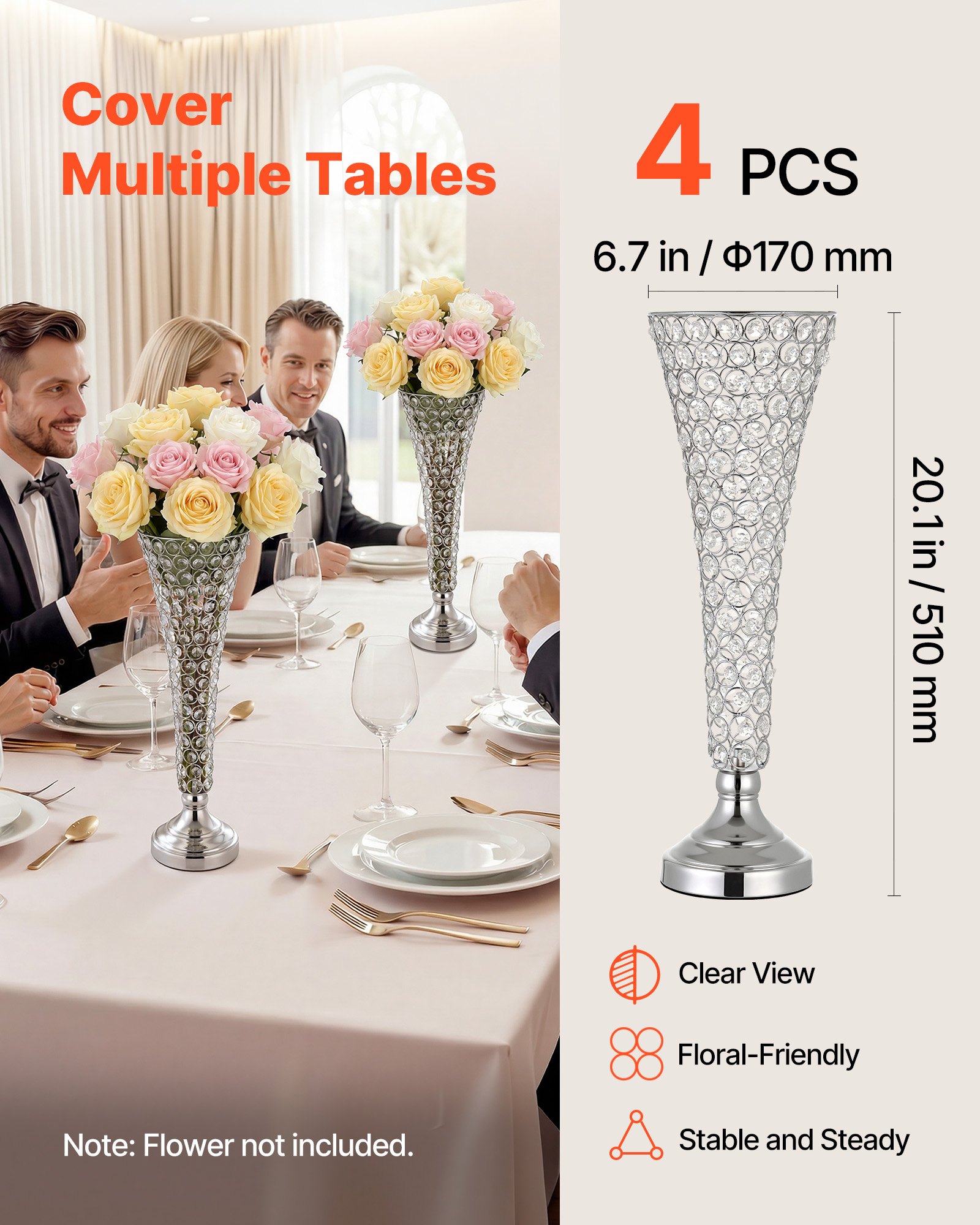4 PCS Crystal Wedding Flower Vase, 20 In Tall Flower Table Centerpieces, Crystal Cylinder Banquet Vases Easy Installation, Versatile Arrangement Stand For Party Events Room Home Decor, Silver
