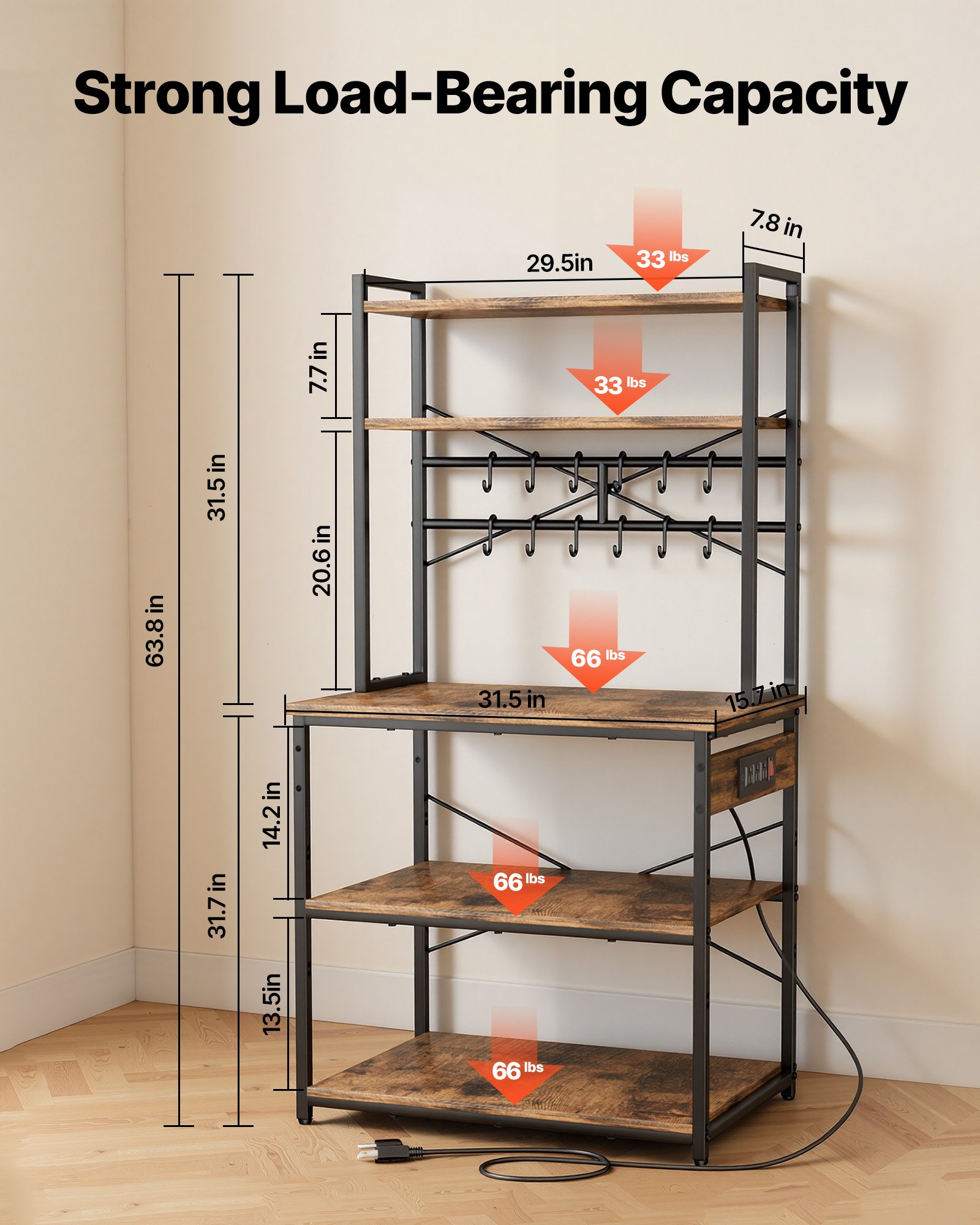 Kitchen Bakers Rack, 5 Ft Power Cable Bakers Rack With Power Outlet, Kitchen Stand With X-Shaped Support Bar, 12 S-Shaped Hooks, Coffee Bar Stand For Dishes, Spice Bottles, Built-In Power Strip