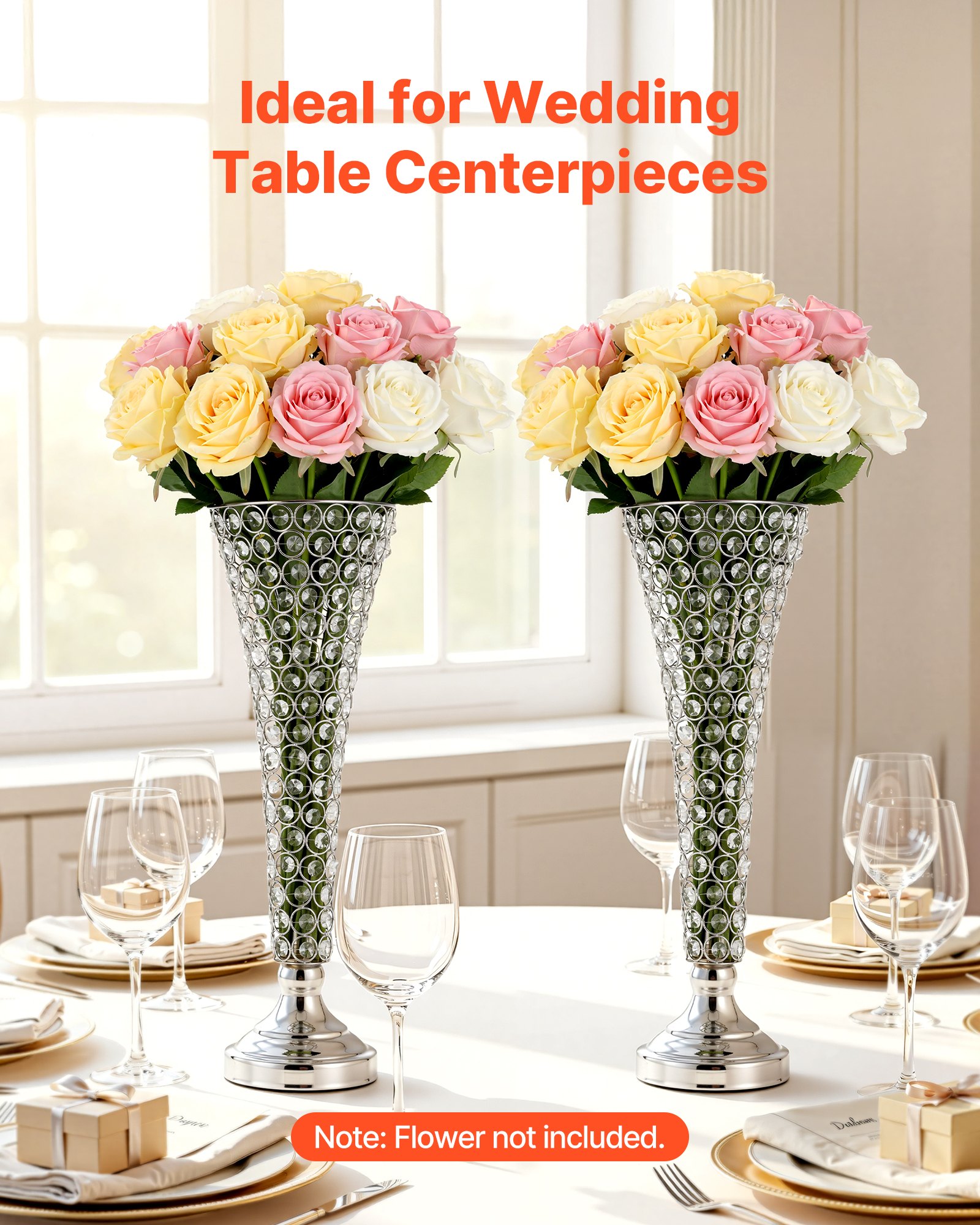 4 PCS Crystal Wedding Flower Vase, 20 In Tall Flower Table Centerpieces, Crystal Cylinder Banquet Vases Easy Installation, Versatile Arrangement Stand For Party Events Room Home Decor, Silver