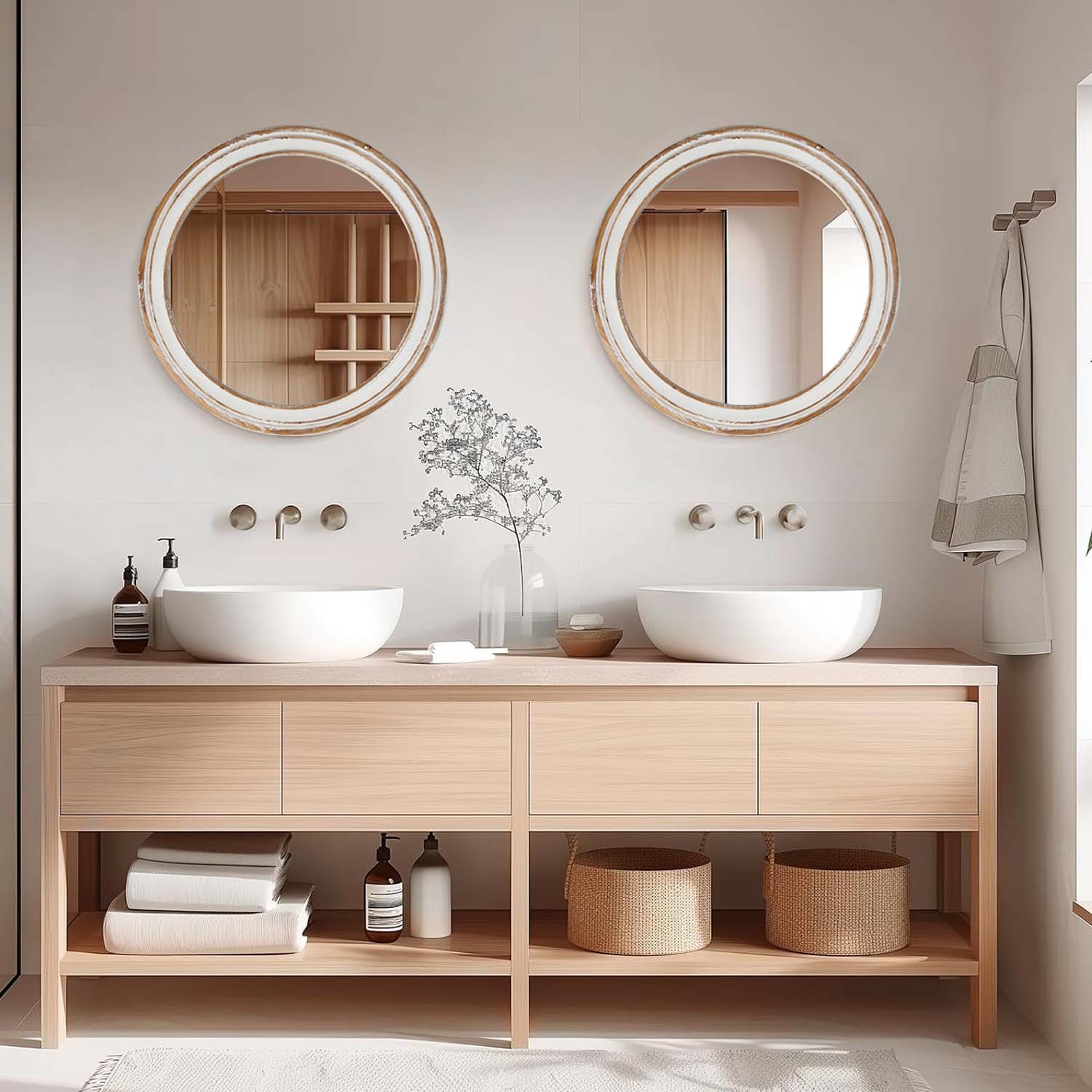 23.62 Inches Round Wall Mirror For Bathroom Vanity, Wooden Farmhouse Circle Mirrors For Bedroom, Entryway, Living Room, Kithen Whitewash Edge Decorative Mirror For Home, Office_voghion.com