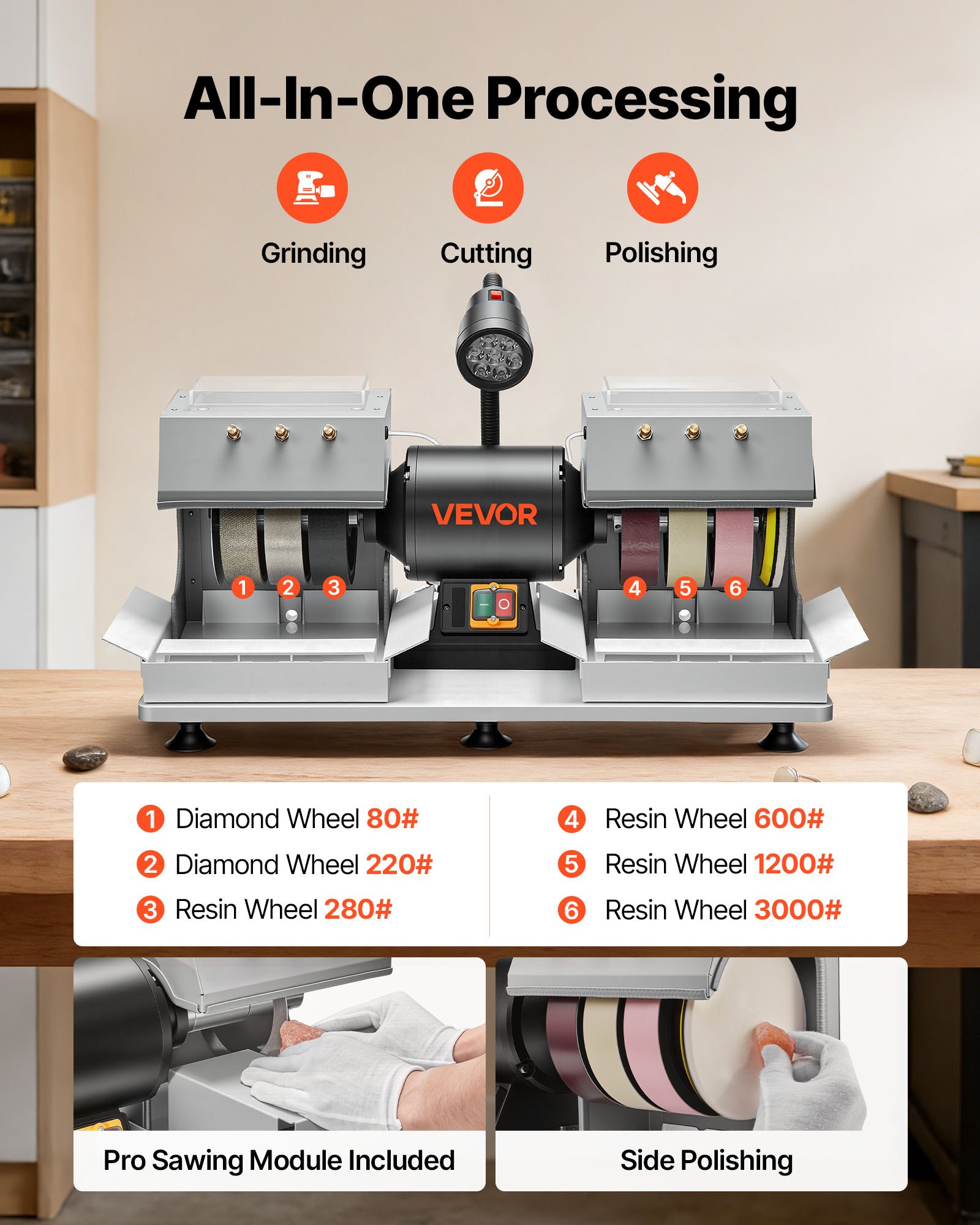 Cabbing Machine, 6" 2/5 HP 1800 RPM Efficient, Lapidary Rock Grinder Polisher With Diamond And Resin Wheels, LED Lamp, Water System, Lapidary Equipment For Gemstone Grinding, Stone Polishing