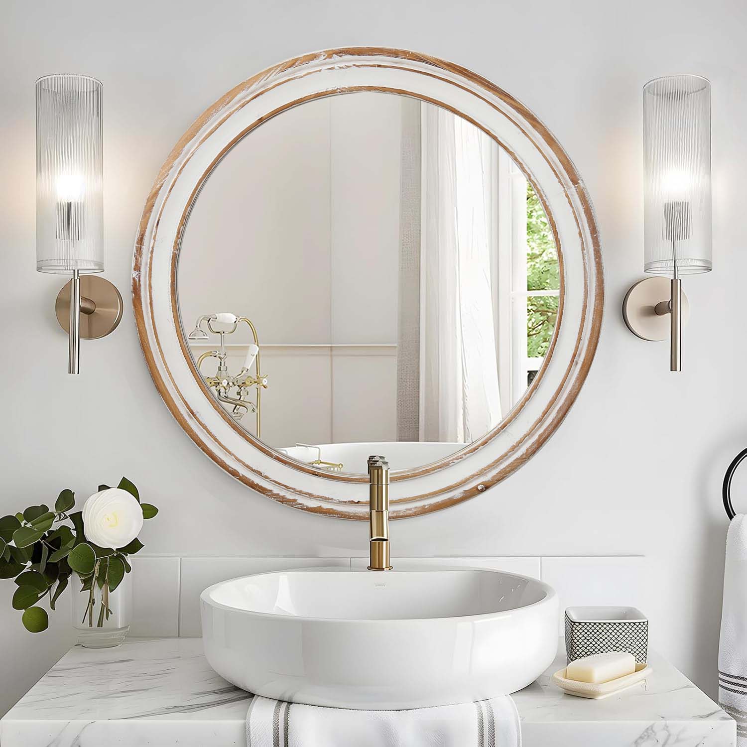 23.62 Inches Round Wall Mirror For Bathroom Vanity, Wooden Farmhouse Circle Mirrors For Bedroom, Entryway, Living Room, Kithen Whitewash Edge Decorative Mirror For Home, Office