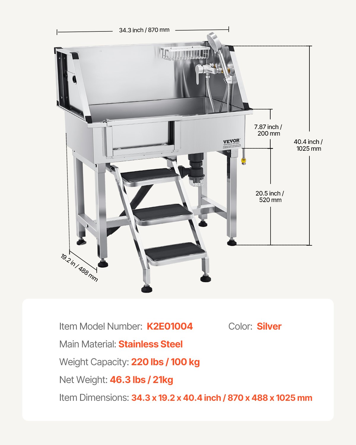 34" Dog Washing Station, Stainless Steel Pet Grooming Tub Bathtub, Professional Dog Wash Sink With Shower, Faucet, Soap Holder, Non-Slip Stairs Easy-Clean Design For Small Pets Cats (Left Door)