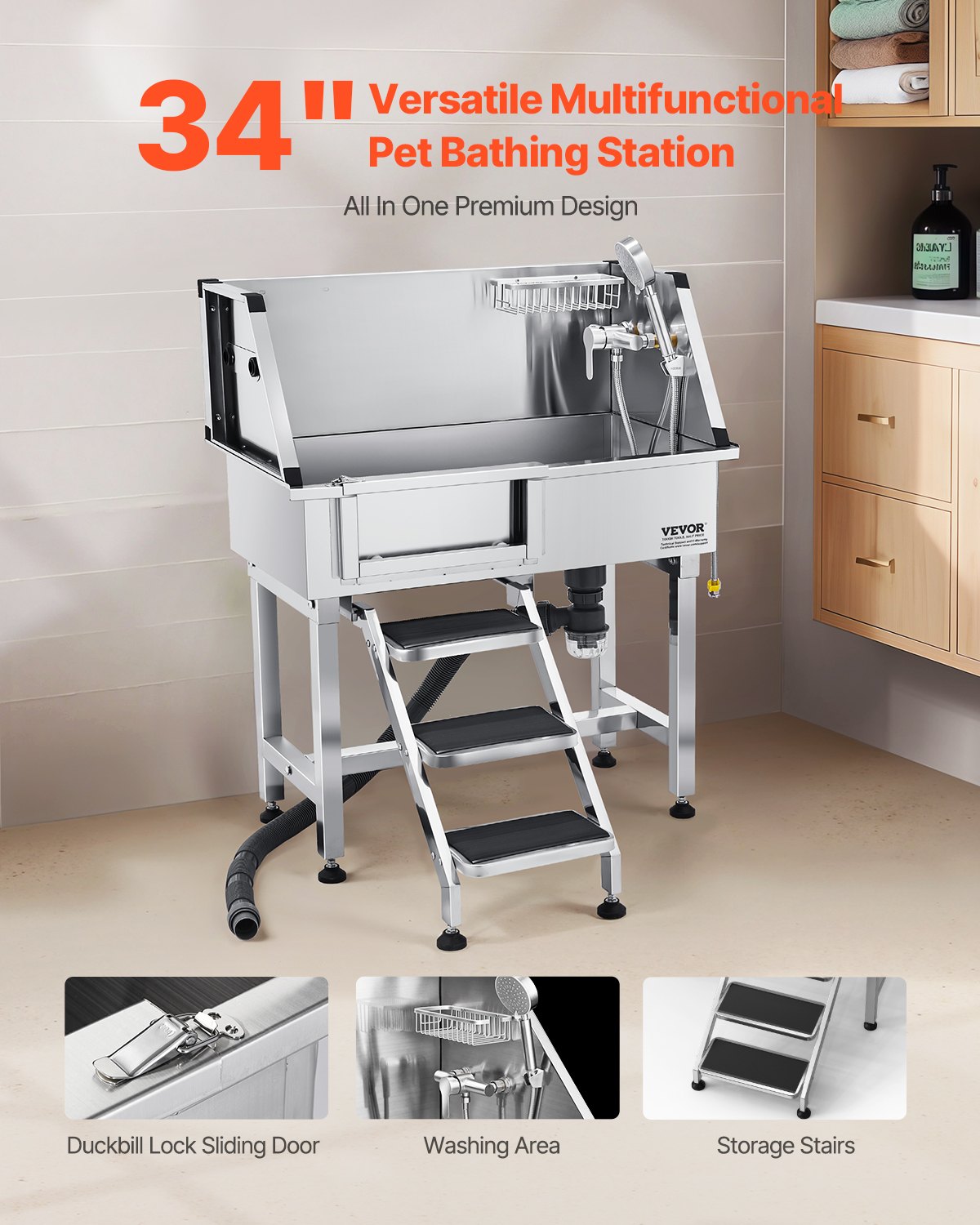 34" Dog Washing Station, Stainless Steel Pet Grooming Tub Bathtub, Professional Dog Wash Sink With Shower, Faucet, Soap Holder, Non-Slip Stairs Easy-Clean Design For Small Pets Cats (Left Door)