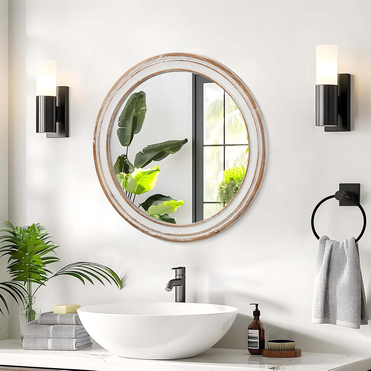 23.62 Inches Round Wall Mirror For Bathroom Vanity, Wooden Farmhouse Circle Mirrors For Bedroom, Entryway, Living Room, Kithen Whitewash Edge Decorative Mirror For Home, Office_voghion.com