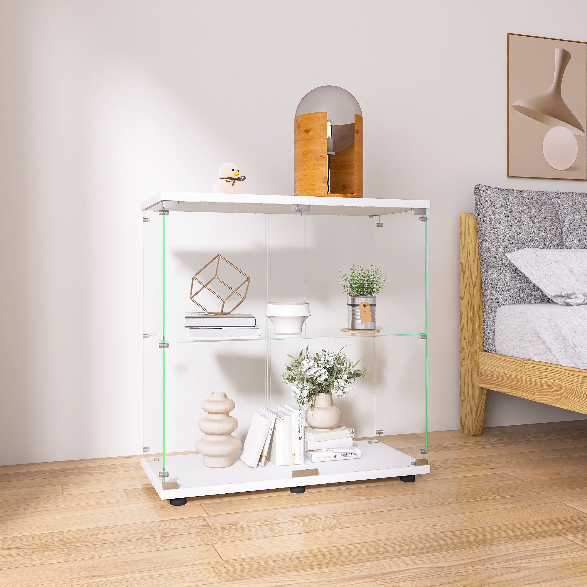 Two-door Glass Display Cabinet 2 Shelves With Door, Floor Standing Curio Bookshelf For Living Room Bedroom Office, 33.35x31.69 X14.37 ,White_voghion.com