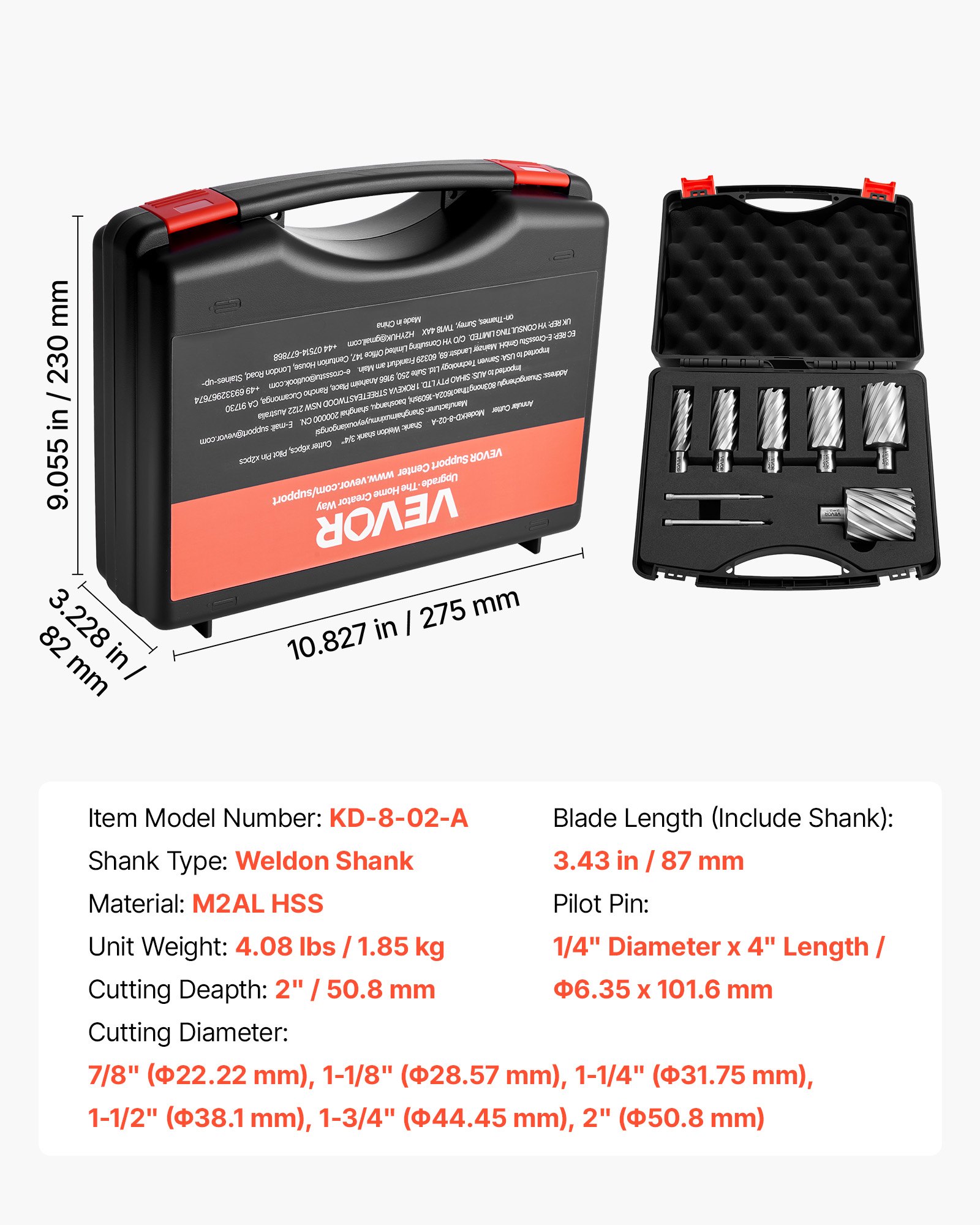 Annular Cutter Set, 8 Pcs Weldon Shank Mag Drill Bits Kit, 2" Cutting Depth, 7/8" To 2" Cutting Diameter, HSS, 6 Drill Bits With 2 Pilot Pins, Plastic Case, For Magnetic Drills, Steel, Aluminum
