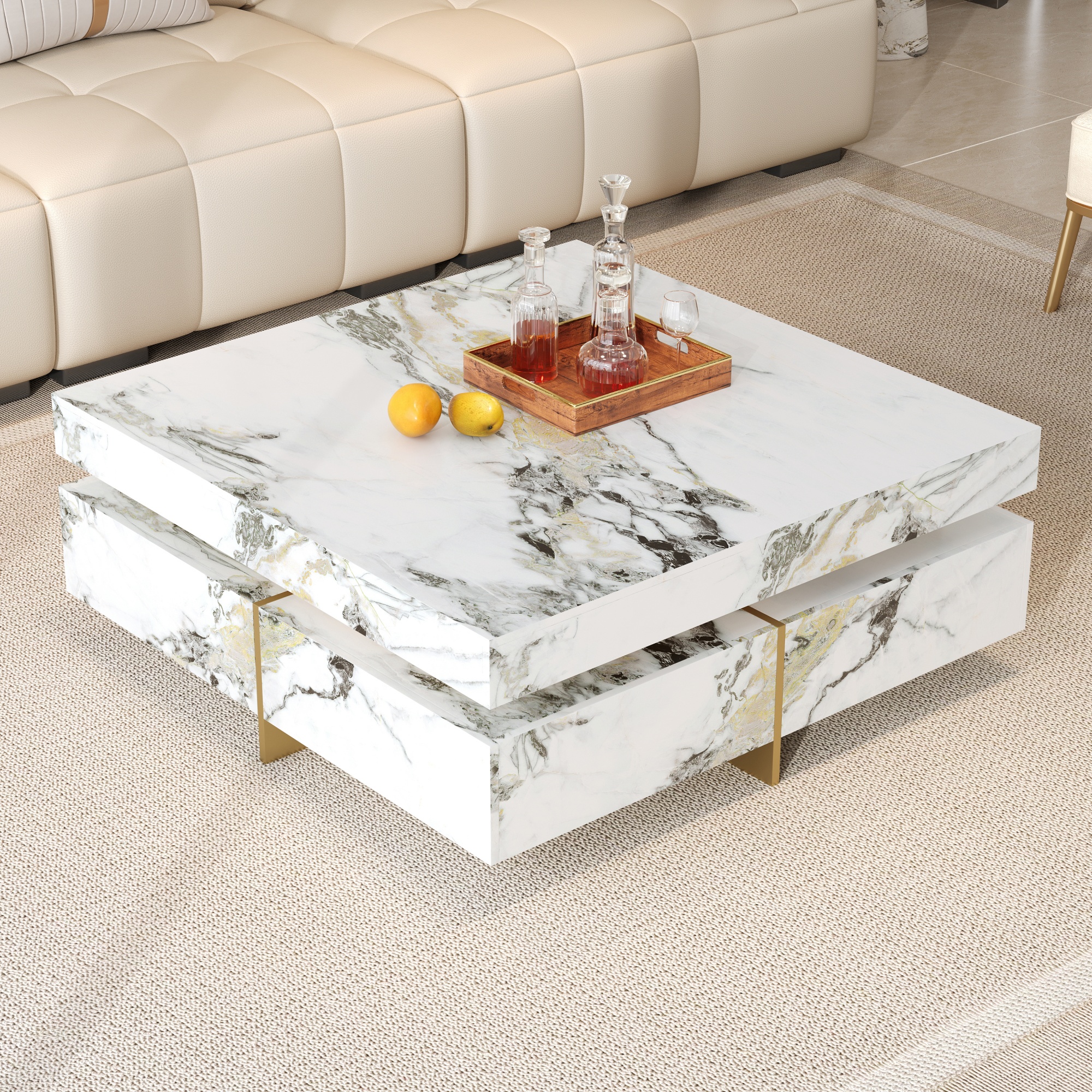 Modern Square Marble Textured Coffee Table With 4 Drawers And Suspended Base, White, 43.3
