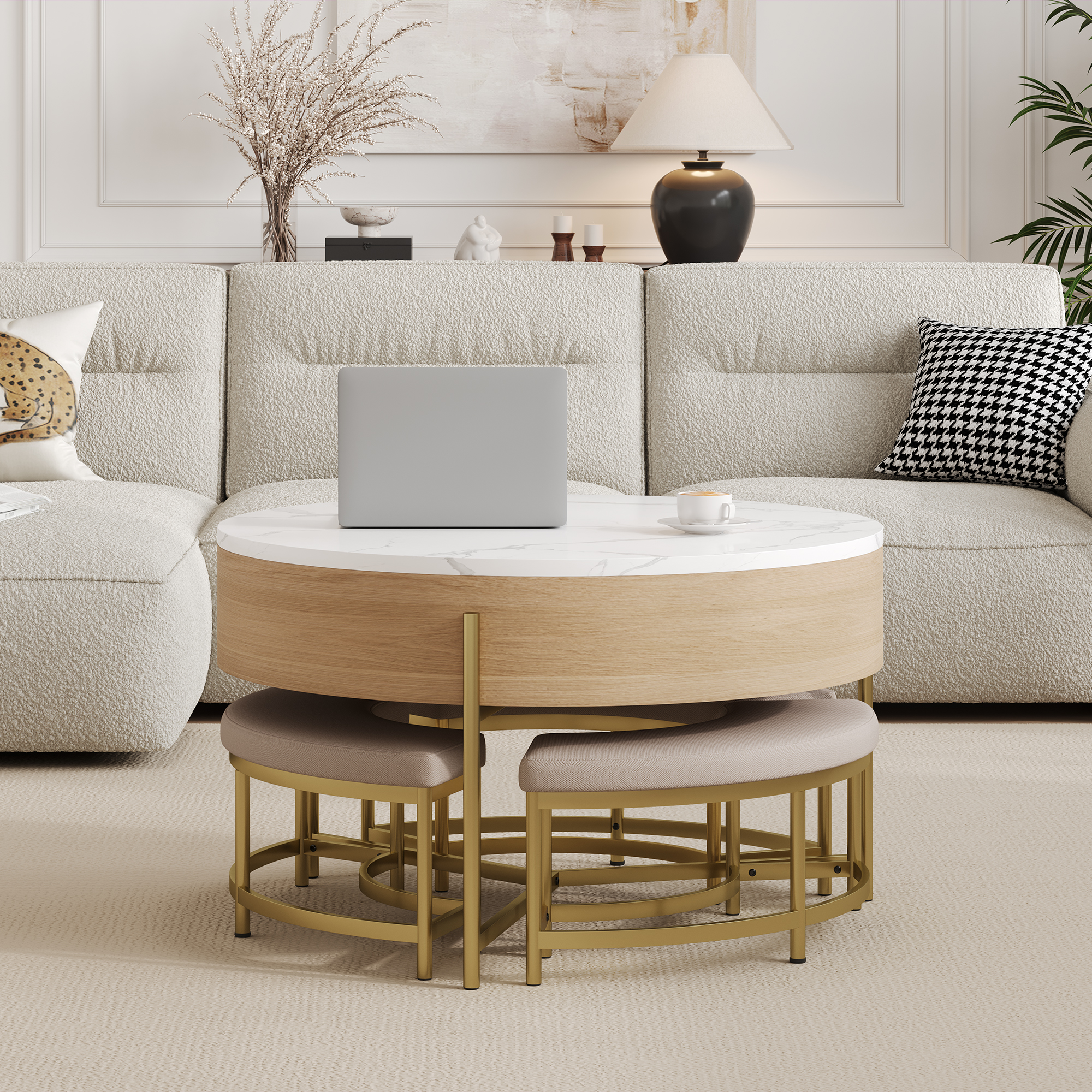 Round Lift-Top Coffee Table with Ottomans, picture 2 of 4