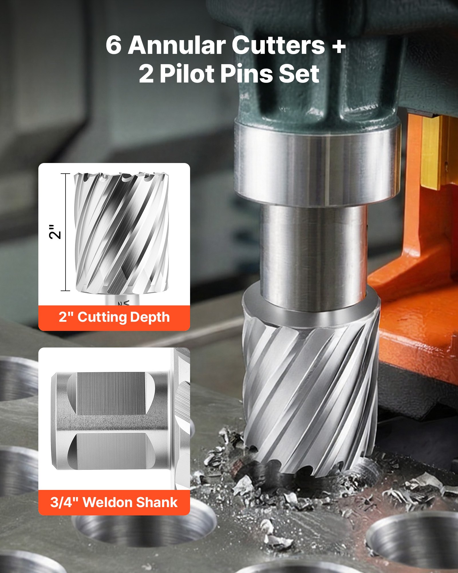 Annular Cutter Set, 8 Pcs Weldon Shank Mag Drill Bits Kit, 2" Cutting Depth, 7/8" To 2" Cutting Diameter, HSS, 6 Drill Bits With 2 Pilot Pins, Plastic Case, For Magnetic Drills, Steel, Aluminum