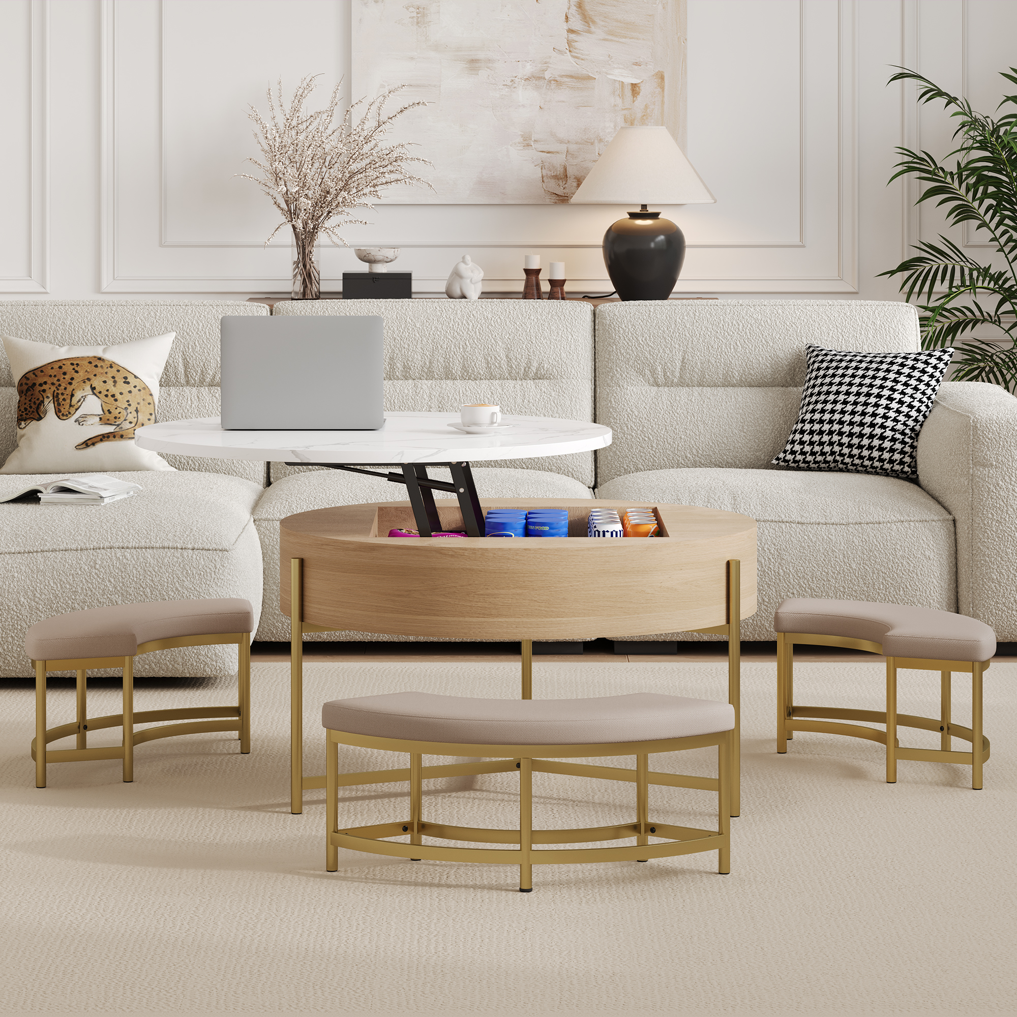 Round Lift-Top Coffee Table with Ottomans
