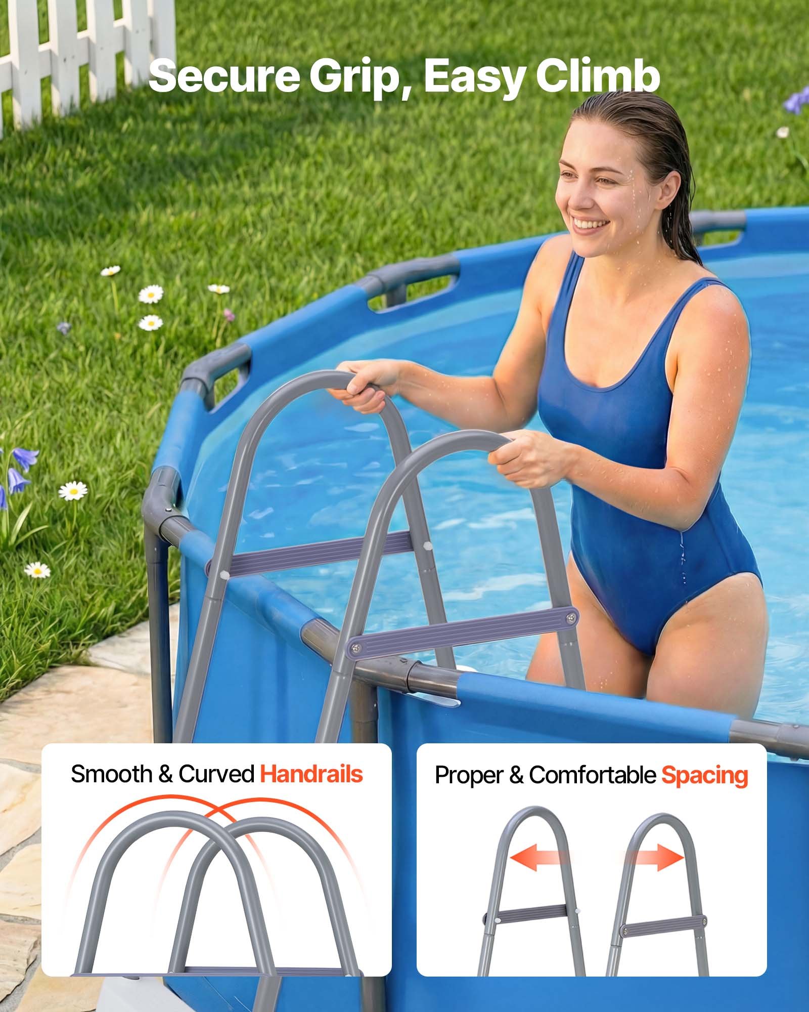 Above Ground Pool Ladder, 3-Step Steel A-Frame Swimming Pool Stairs For 42 In High Wall, 300 Lbs Capacity Entry/Exit Steps With Secure Non-Slip Sturdy Wide Step, Easy Setup, Gray & White