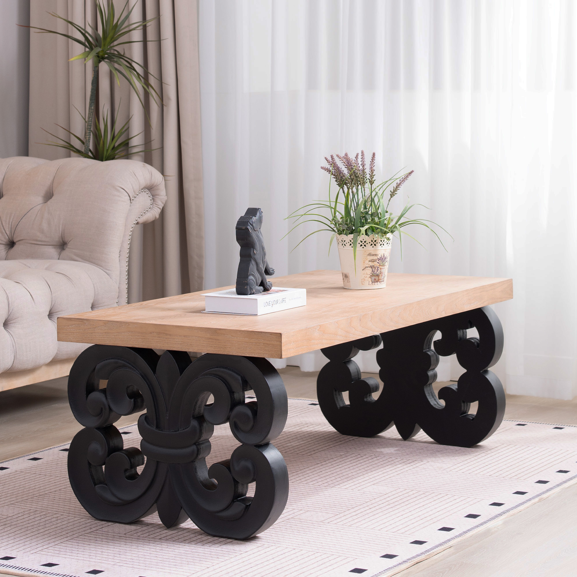 Wood Coffee Table with Scroll Base, picture 3 of 4