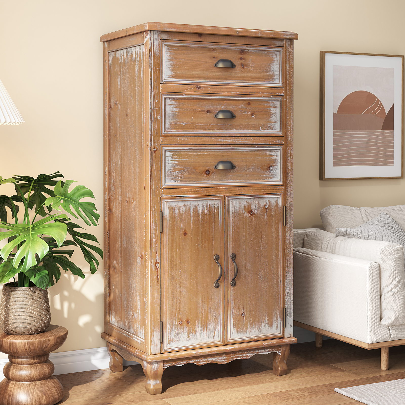 Rustic Wooden Storage Cabinet With Decorative Cutout Door & 3 Drawers, Tall Narrow Organizer For Living Room, Bedroom Natural Wood_voghion.com