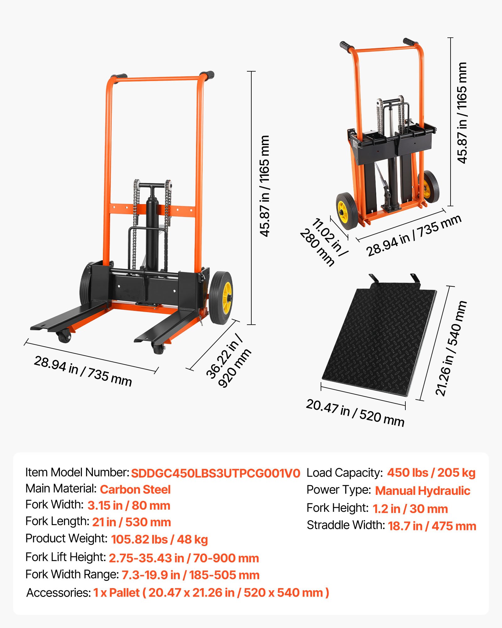 Hydraulic Material Lift Winch Stacker, 450 Lbs Load Capacity, Pallet Truck Dolly With Fork Lift Table, 35.4 Inches Max Lifting Height, Foldable & Portable Pallet Jack Table Cart, Orange & Black