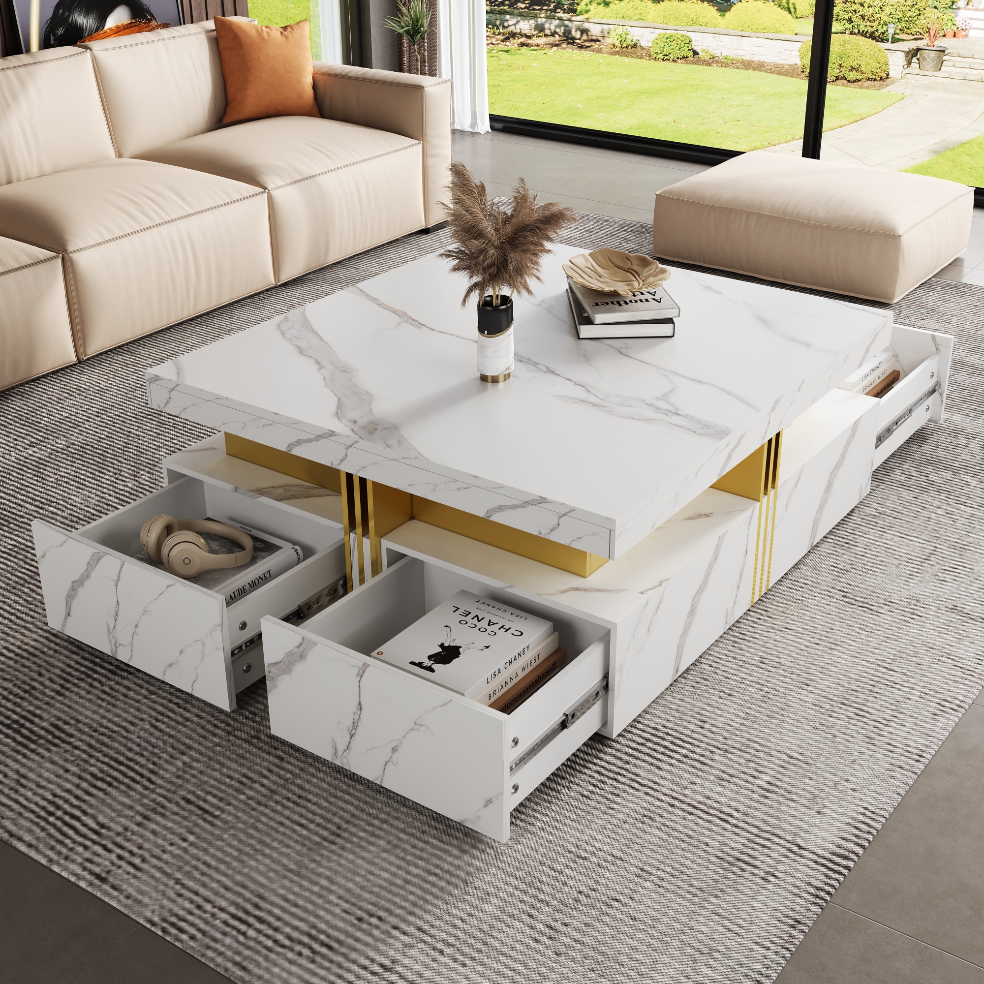 Modern White Square Storage Coffee Table With 4 Drawers