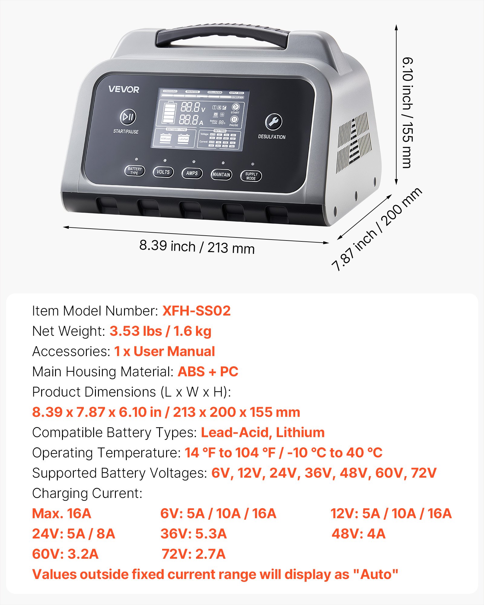 Smart Battery Charger, 16A, 6V 12V 24V 36V 48V 60V 72V Lithium