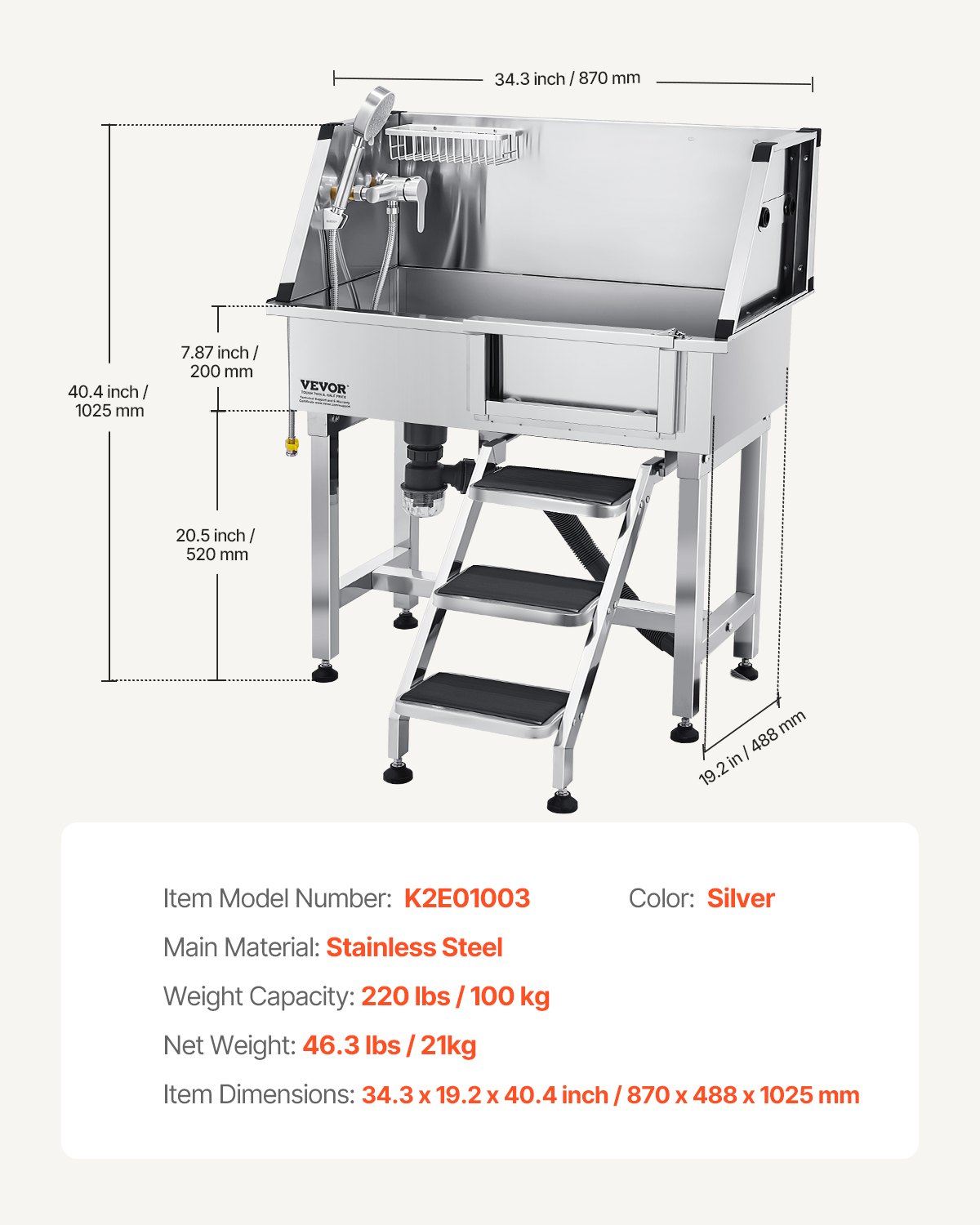 34" Dog Washing Station, Stainless Steel Pet Grooming Tub Bathtub, Professional Dog Wash Sink With Shower, Faucet, Soap Holder, Non-Slip Stairs Easy-Clean Design For Small Pets Cats (Right Door)