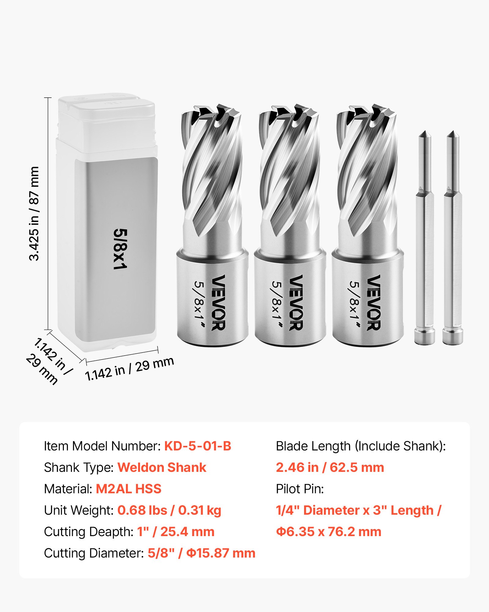 Annular Cutter Set, 5 Pcs Weldon Shank Mag Drill Bits Kit, 1" Cutting Depth, 5/8" Cutting Diameter, HSS, 3 Drill Bits With 2 Pilot Pins And 3 Plastic Cases, For Magnetic Drills, Steel, Aluminum