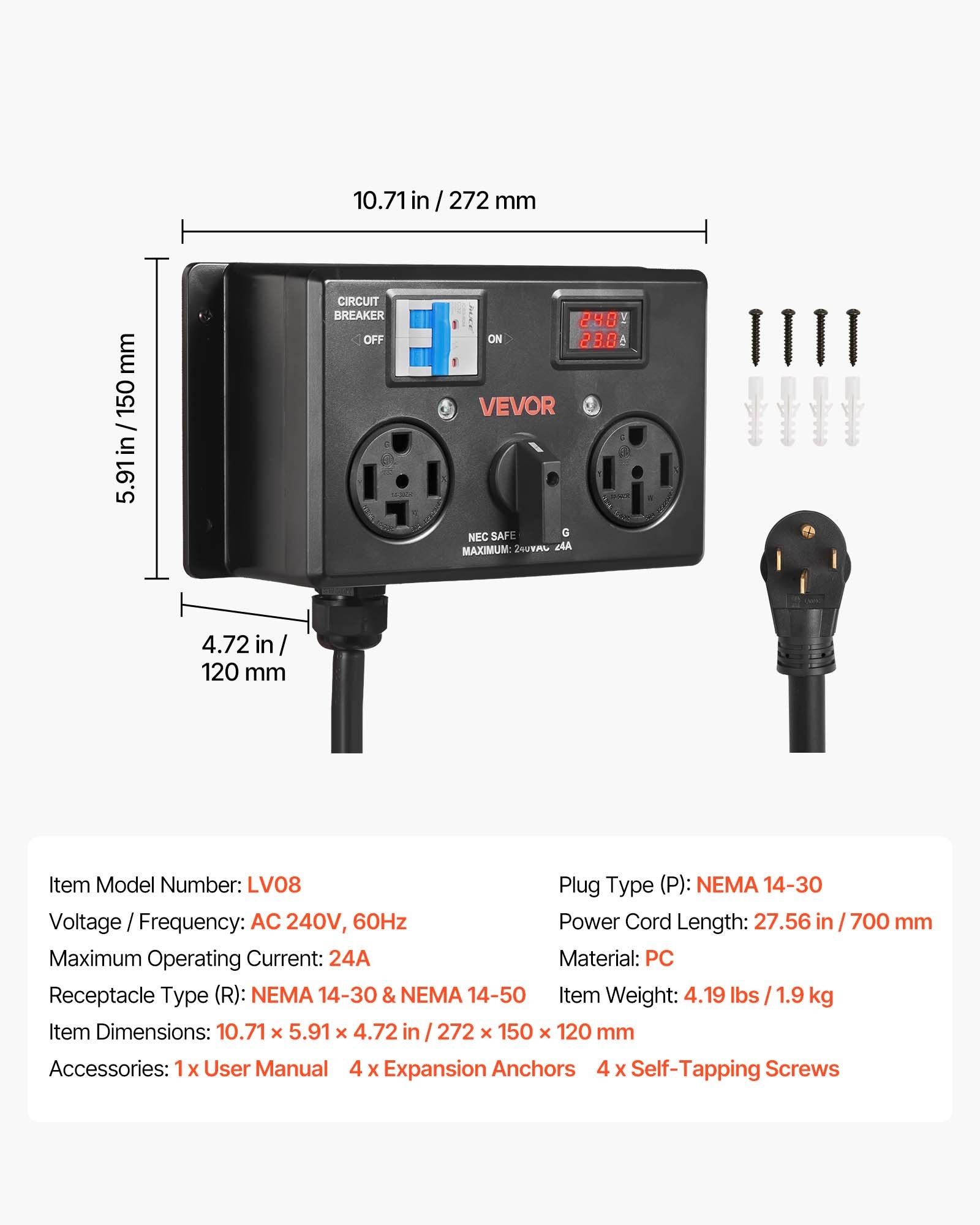 Manual EV Charging Switch, NEMA 14-30P To 14-30R & 14-50R, Splitter Switch For Dryer & EV, 24A Max 240V Manual Power Distribution With Circuit Breaker, Hand-Operated Selector, Plug And Play, ETL